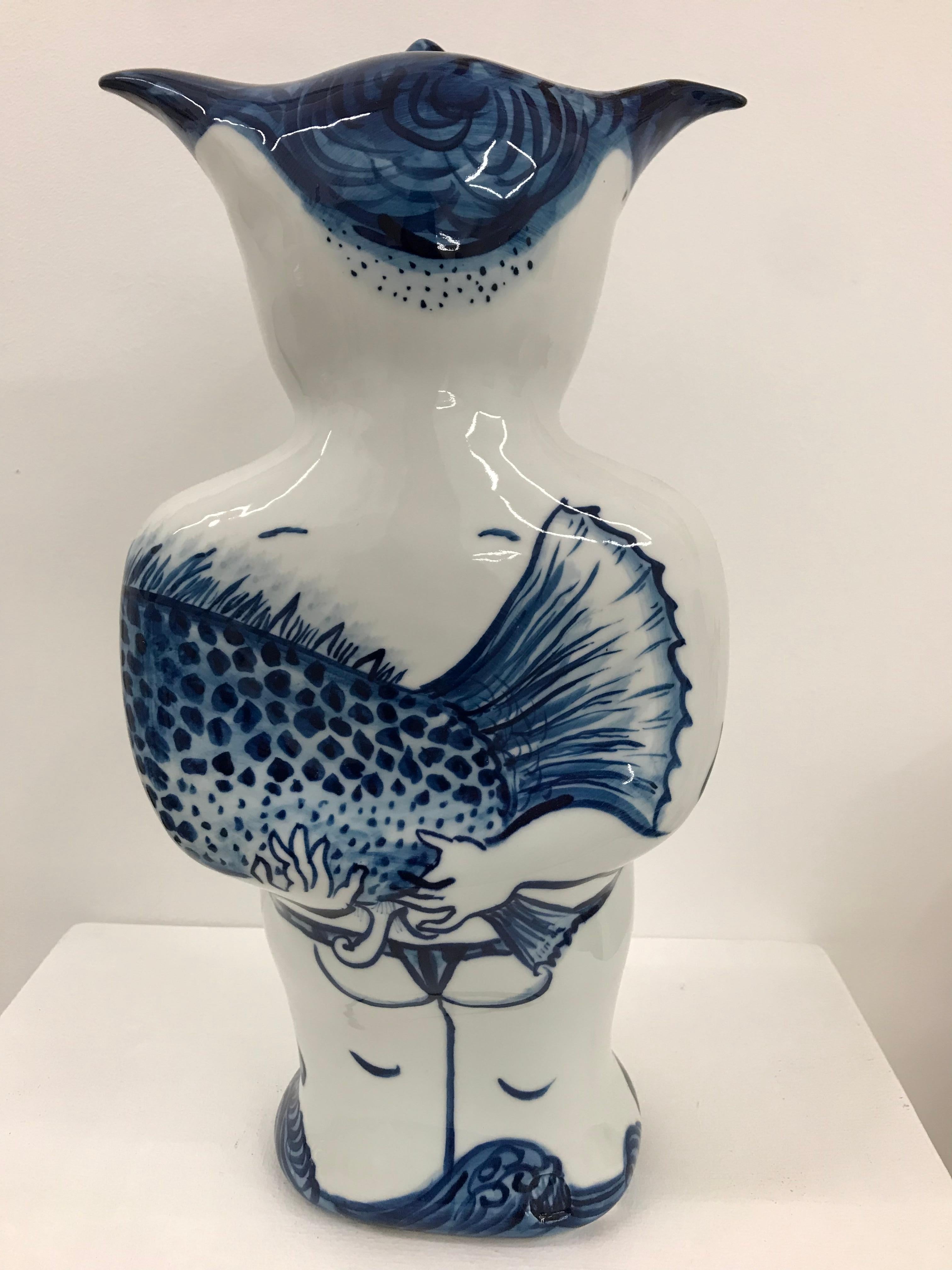 Pika-chan Swimmer - Contemporary, whimsical Japanese, blue and white porcelain 6