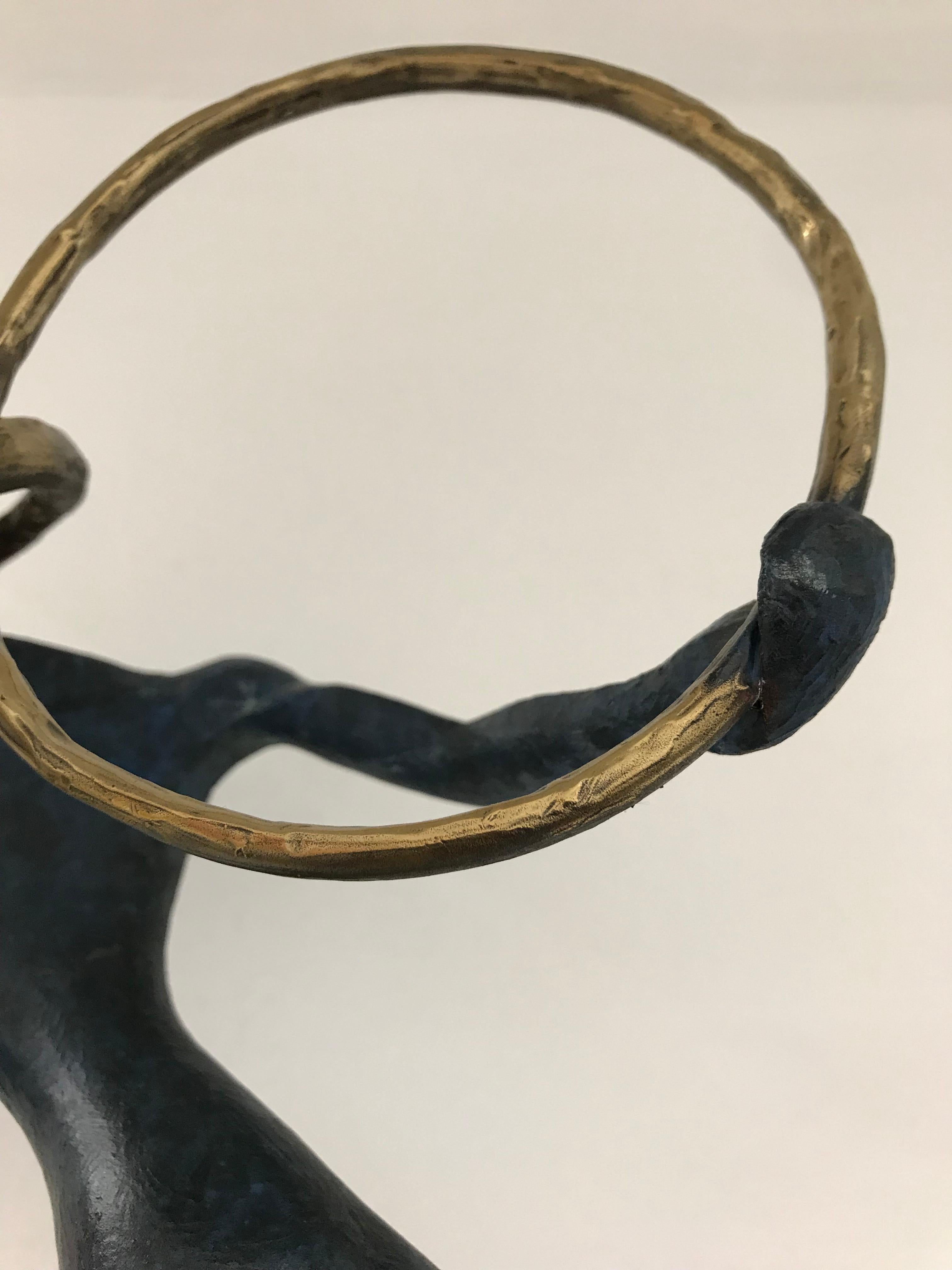 The Ring : figurative dancing bronze standing sculpture blue and golden patina - Contemporary Sculpture by Wutthichai Chamchoi