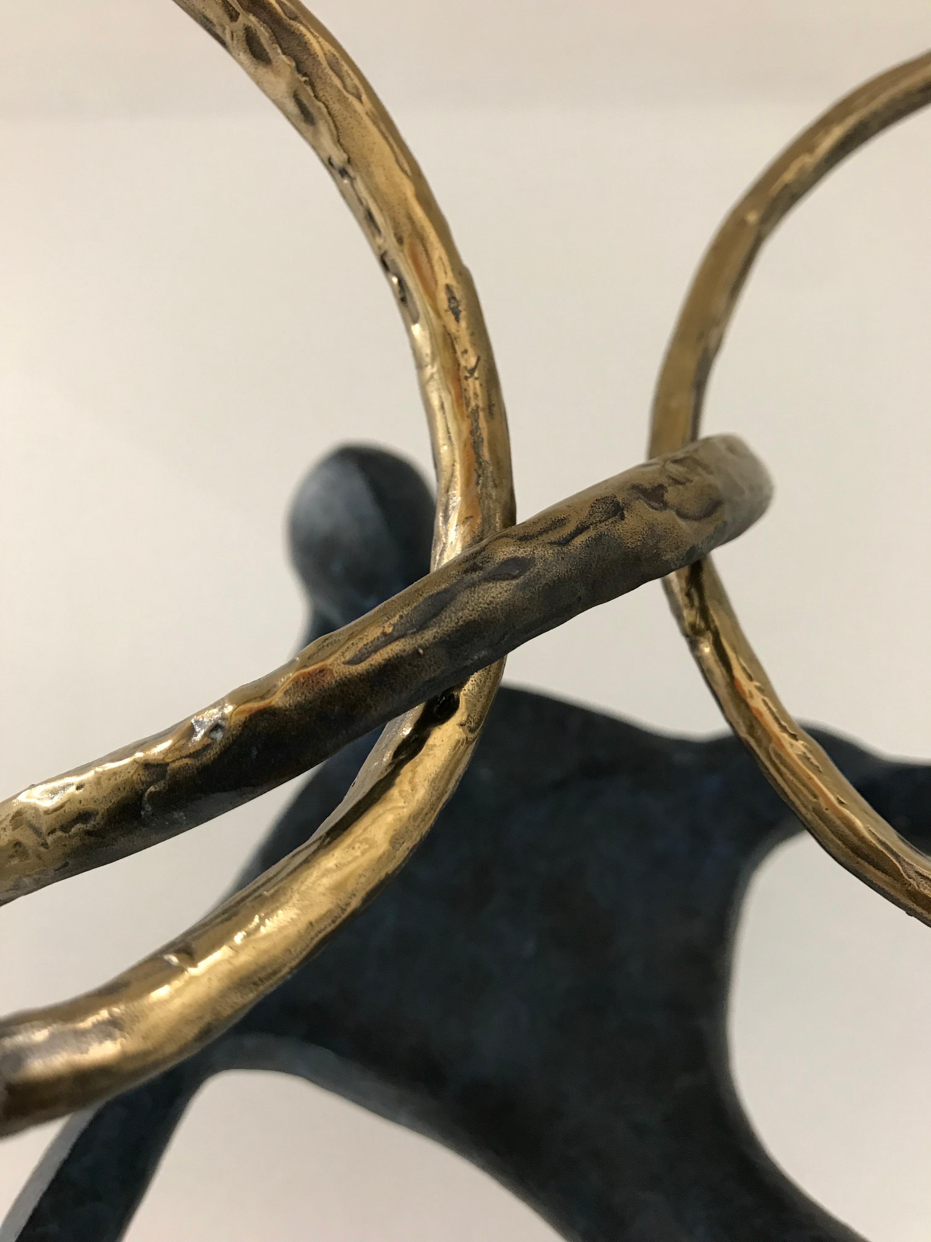 The Ring : figurative dancing bronze standing sculpture blue and golden patina - Gold Figurative Sculpture by Wutthichai Chamchoi