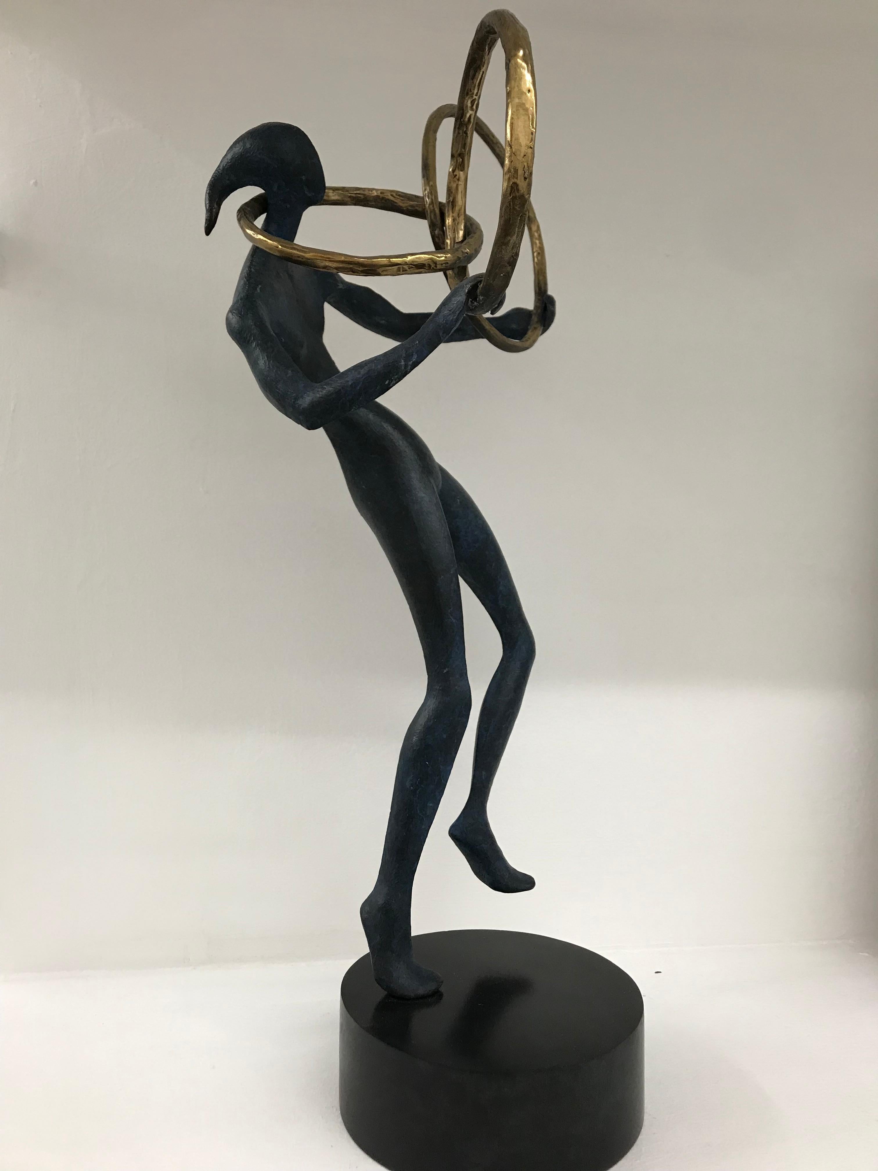 The Ring : figurative dancing bronze standing sculpture blue and golden patina 3
