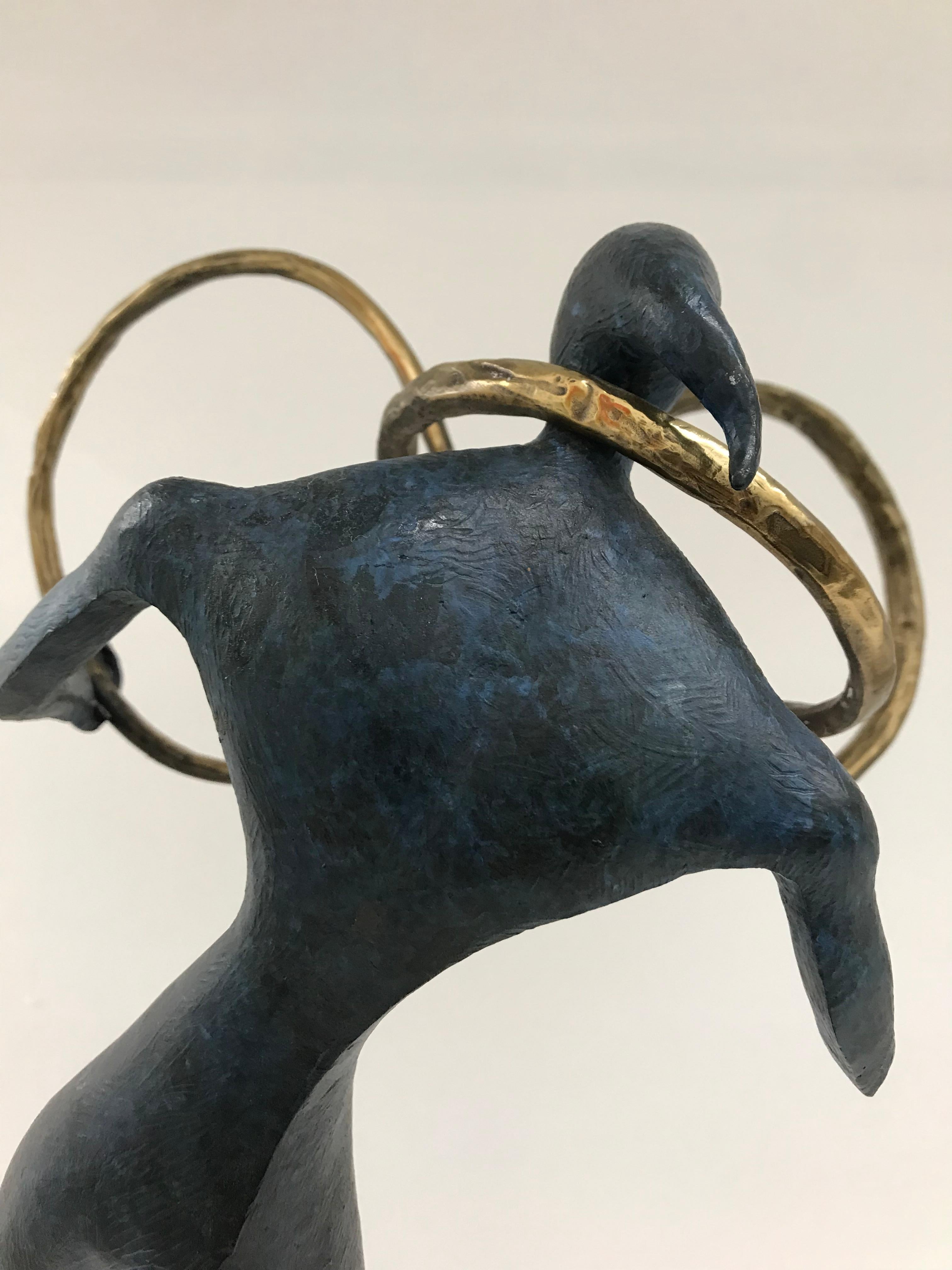 The Ring : figurative dancing bronze standing sculpture blue and golden patina 6