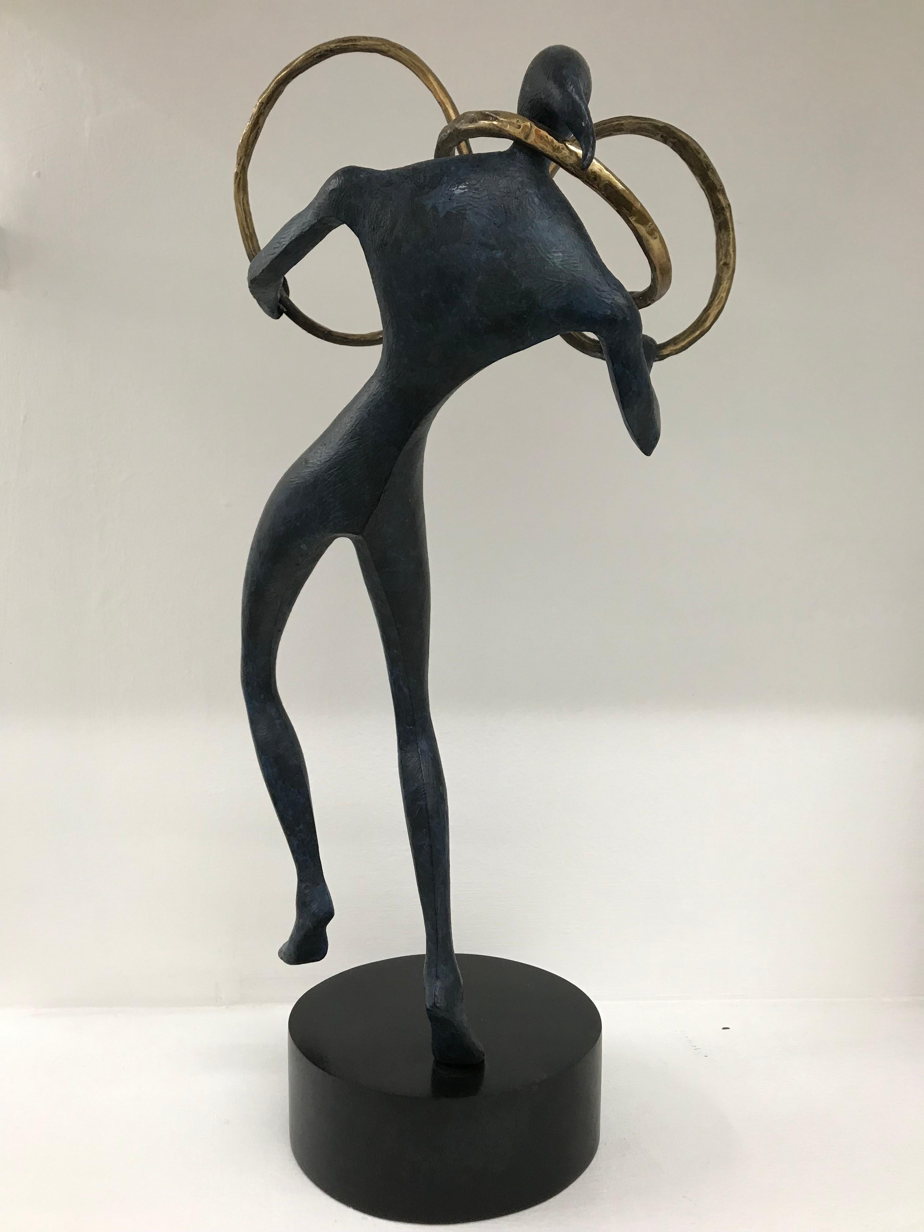 The Ring : figurative dancing bronze standing sculpture blue and golden patina 7