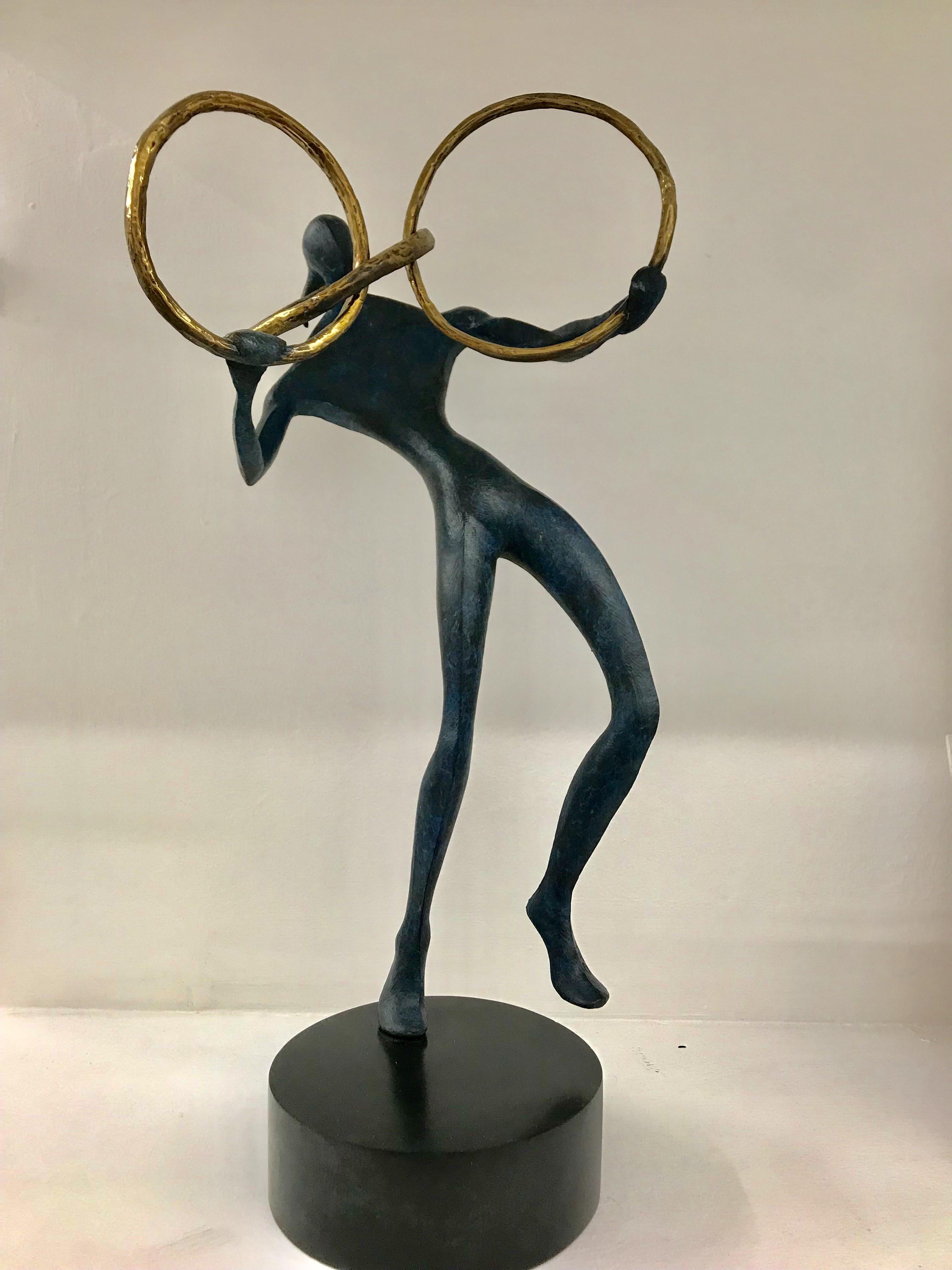 Wutthichai Chamchoi Figurative Sculpture - The Ring : figurative dancing bronze standing sculpture blue and golden patina
