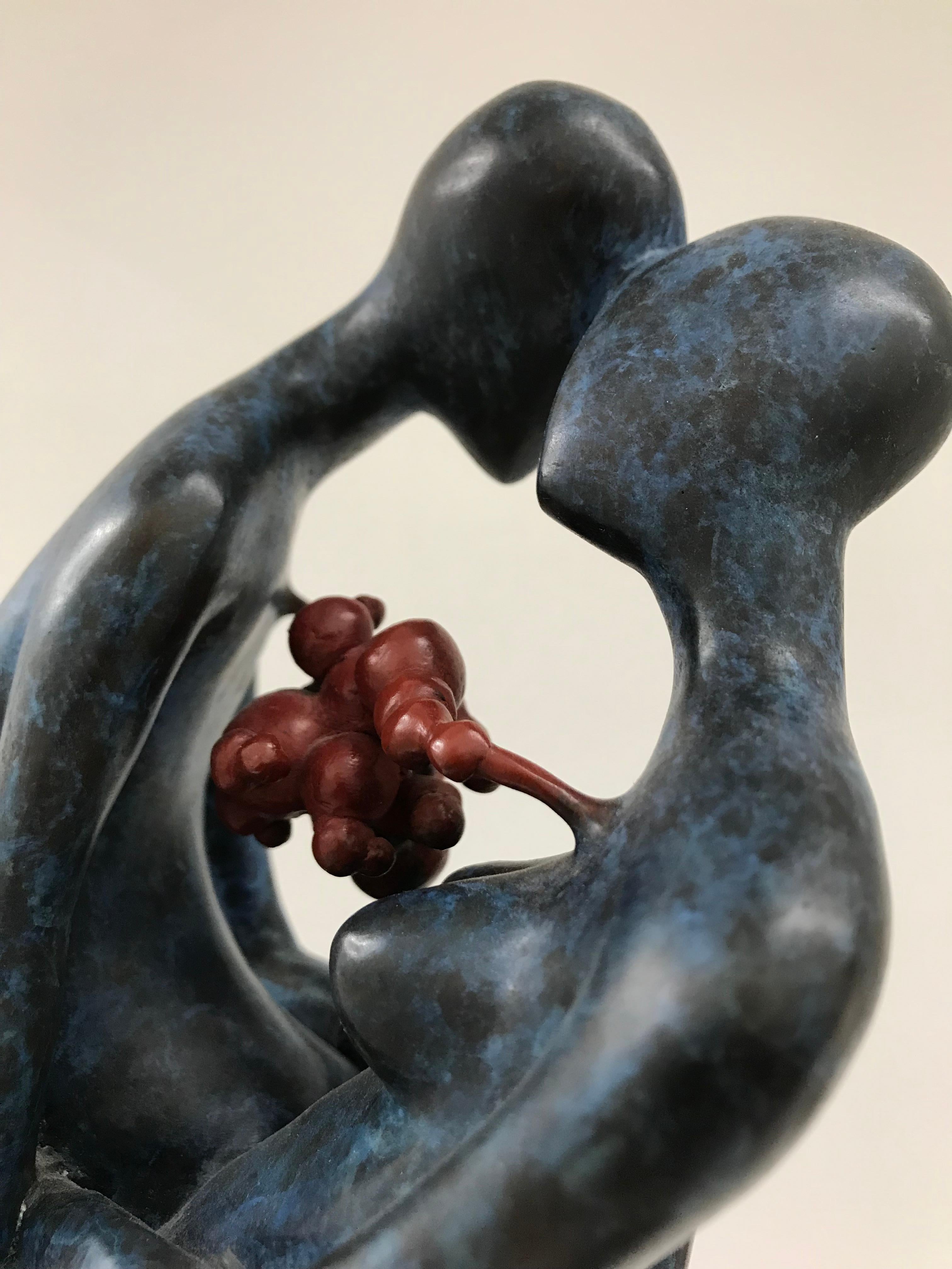 Love, Man and Woman : Contemporary, figurative bronze sculpture, blue and red 2