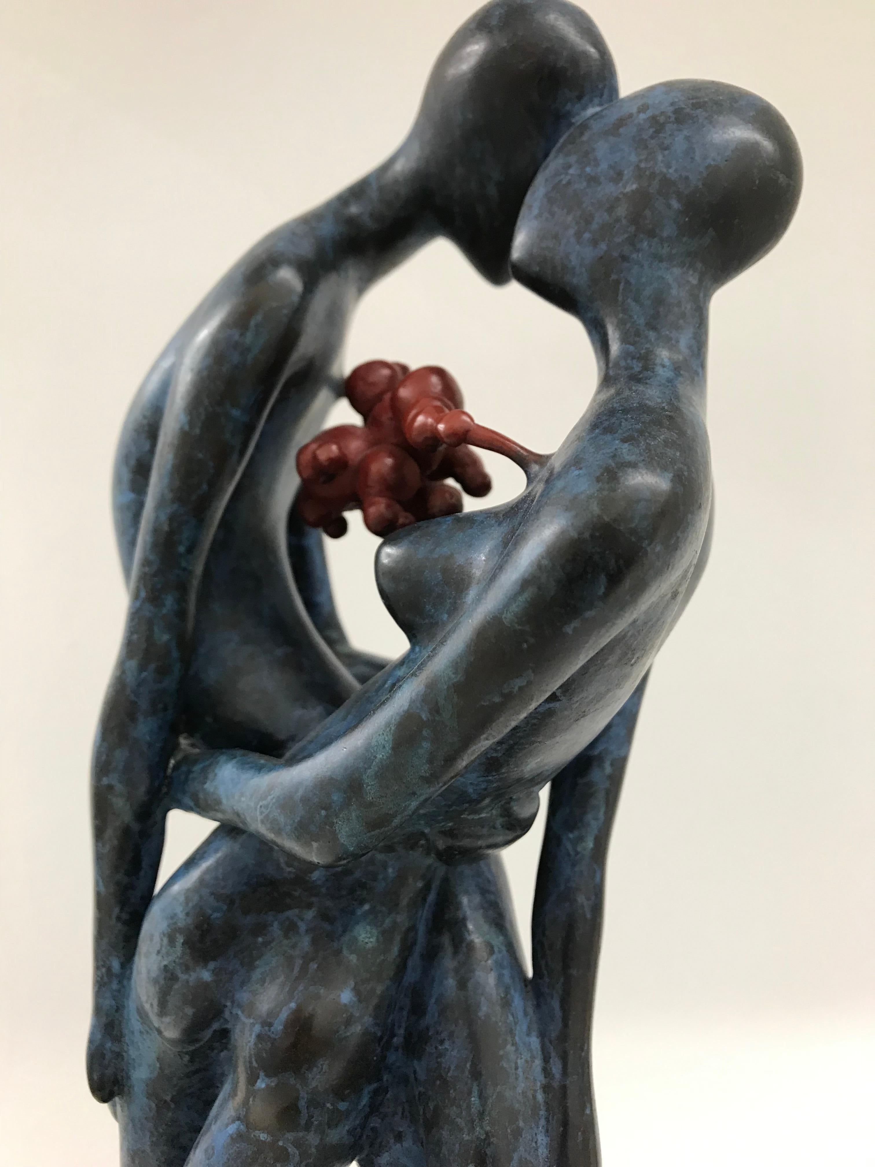 Love, Man and Woman : Contemporary, figurative bronze sculpture, blue and red 1