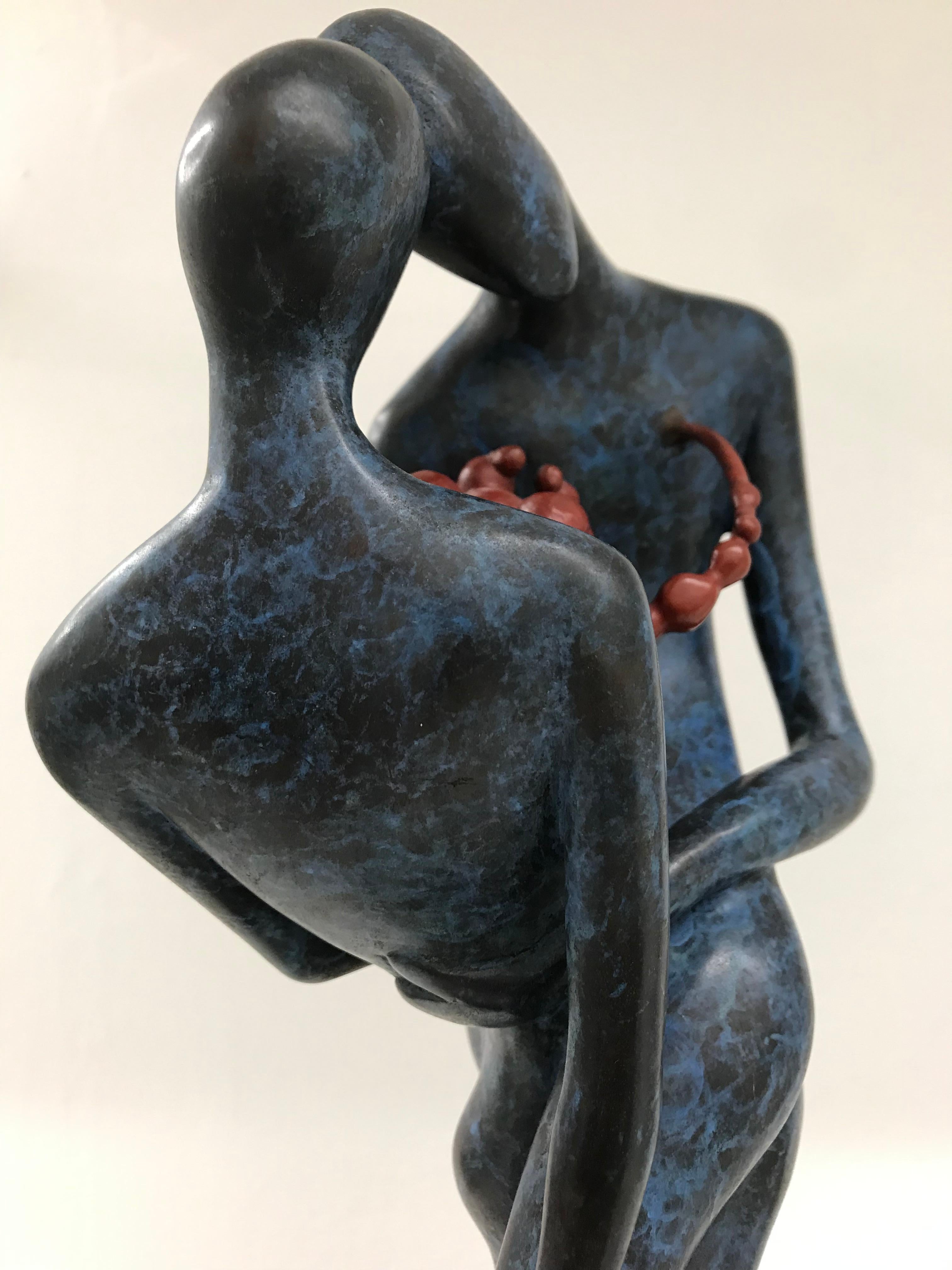 Love, Man and Woman is a contemporary bronze sculpture with dark blue and red patina on dark green marble base.  Size : 15.75