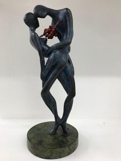 Love, Man and Woman : Contemporary, figurative bronze sculpture, blue and red