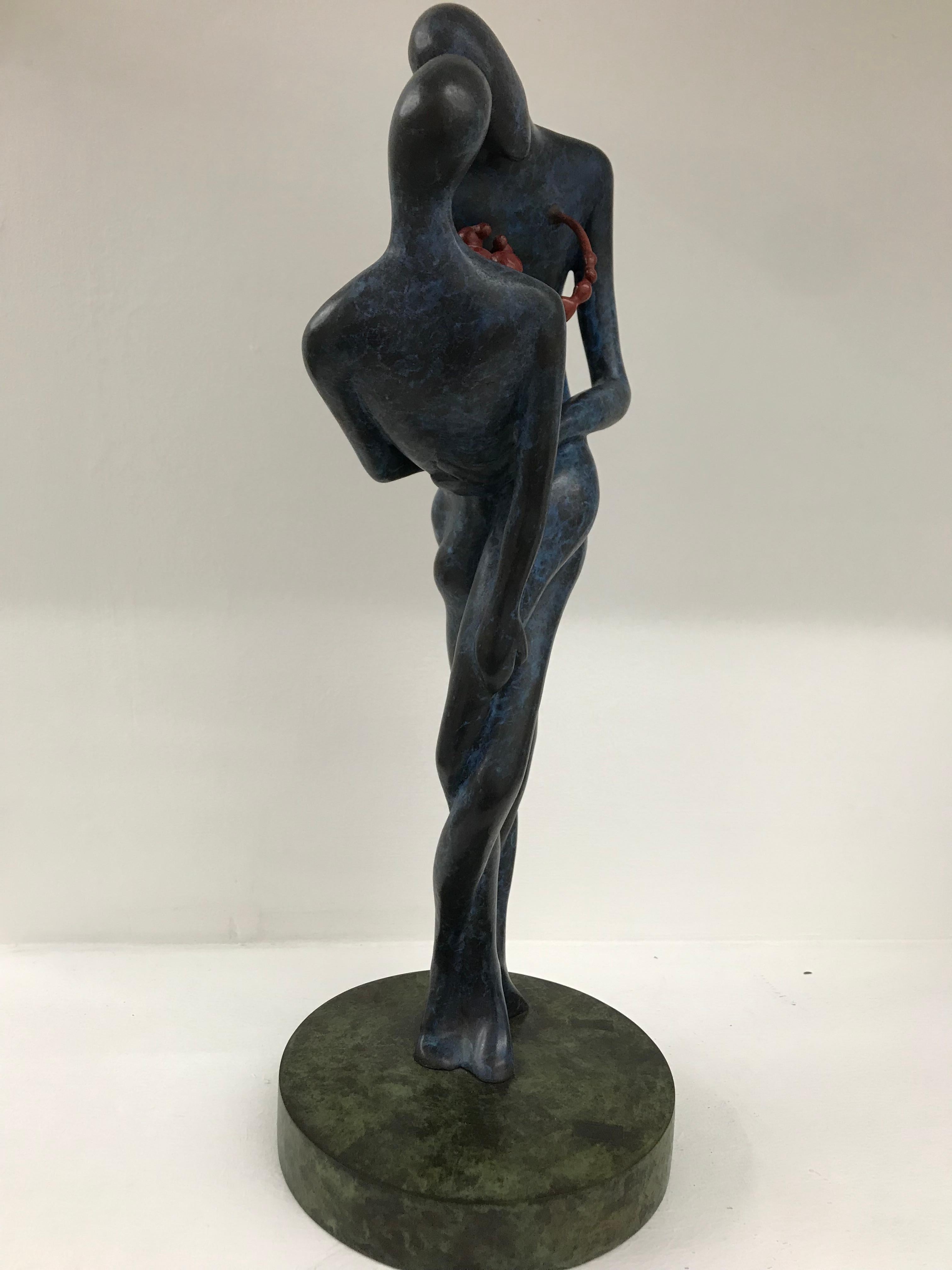 Love, Man and Woman : Contemporary, figurative bronze sculpture, blue and red - Gold Figurative Sculpture by Garn Kwankaew