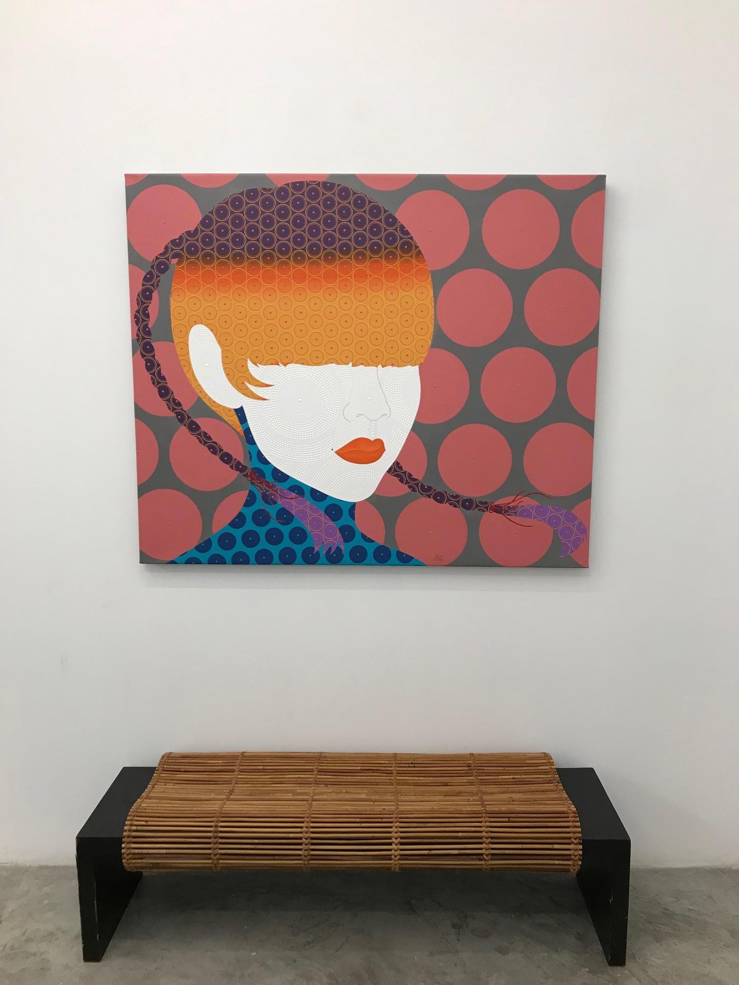 Safari - Contemporary, woman portrait, acrylic, dot, pop art, orange, pink, grey - Painting by Chamnan Chongpaiboon