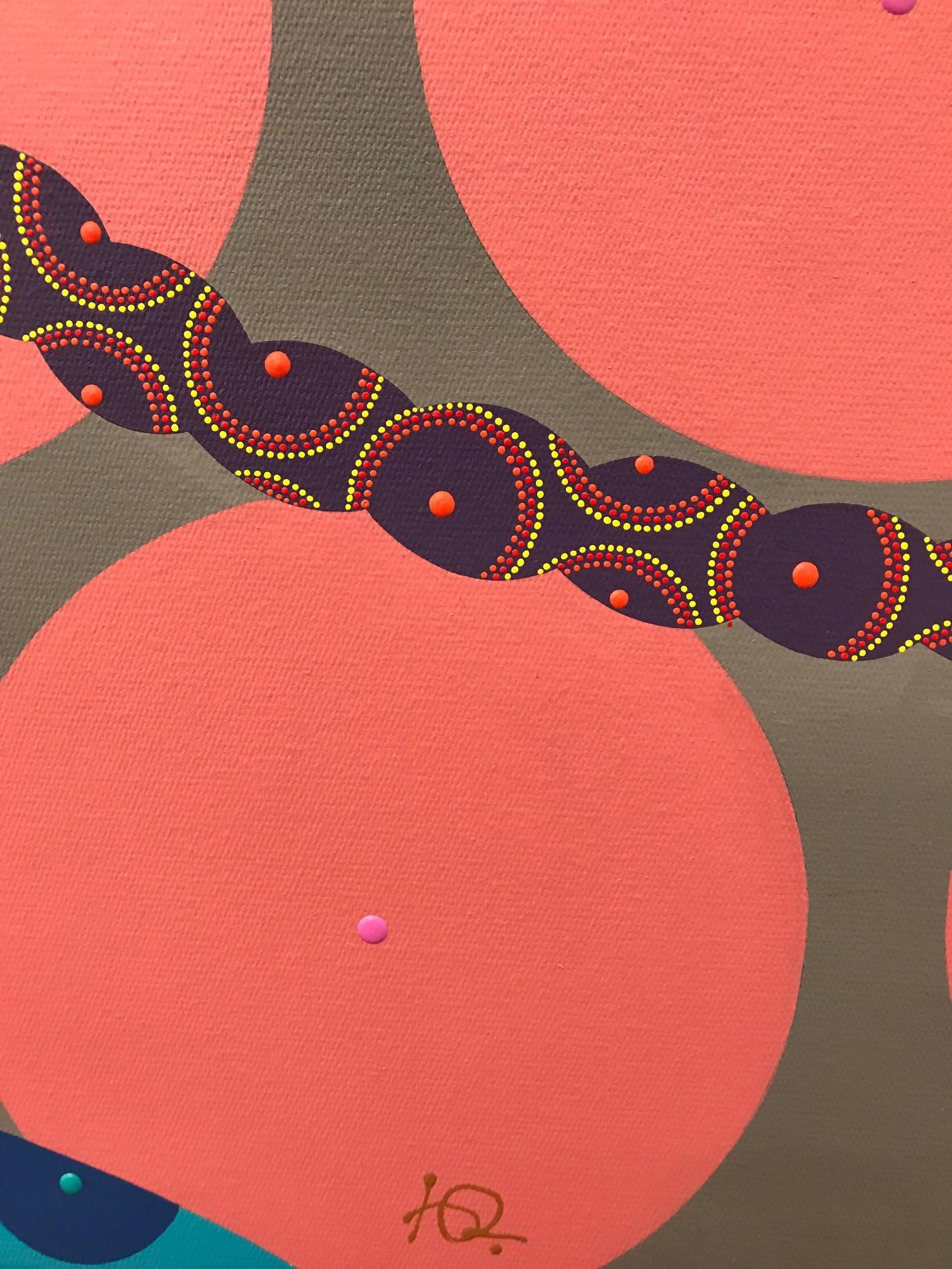Safari - Contemporary, woman portrait, acrylic, dot, pop art, orange, pink, grey For Sale 3