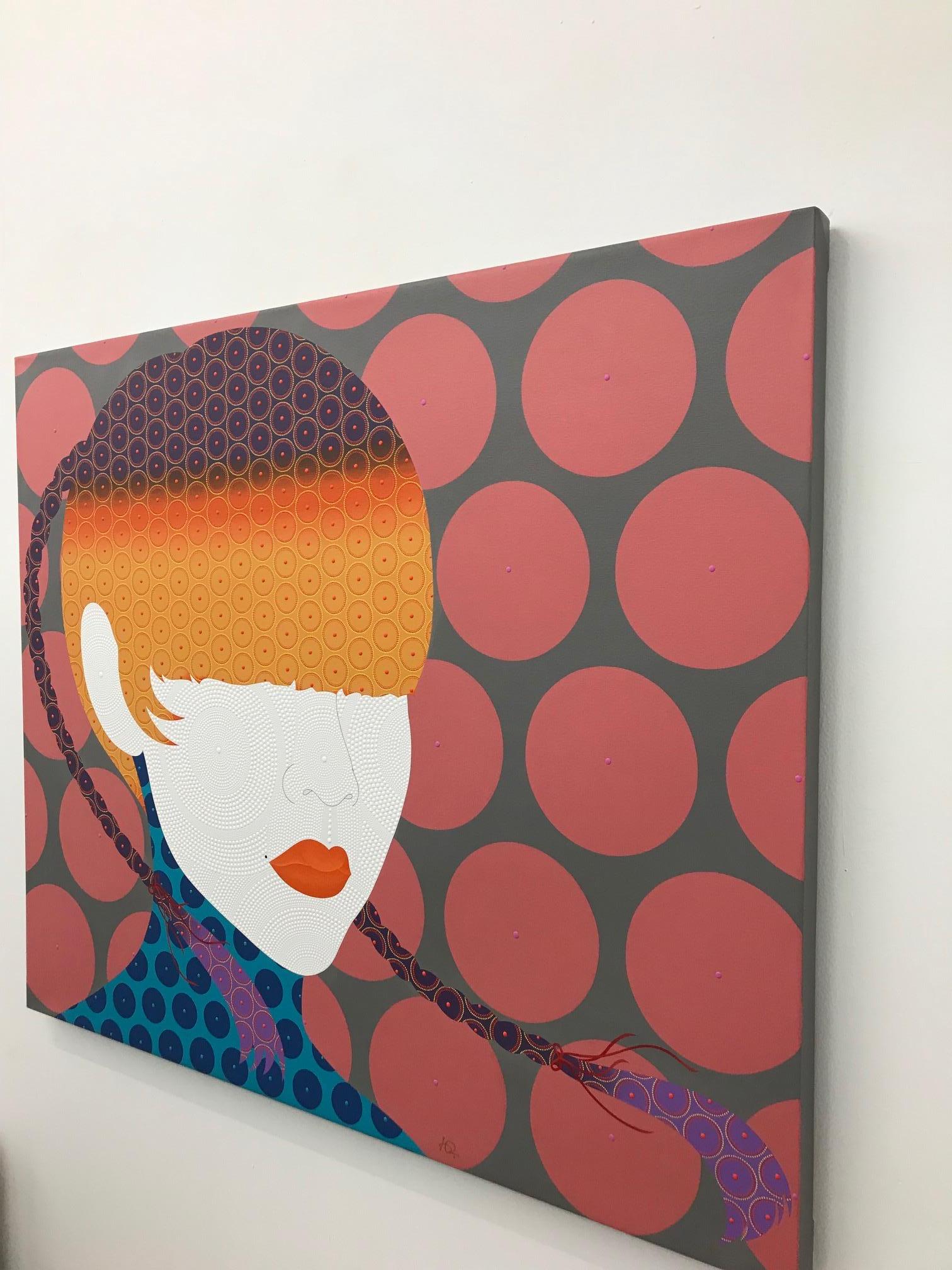 Safari - Contemporary, woman portrait, acrylic, dot, pop art, orange, pink, grey For Sale 9
