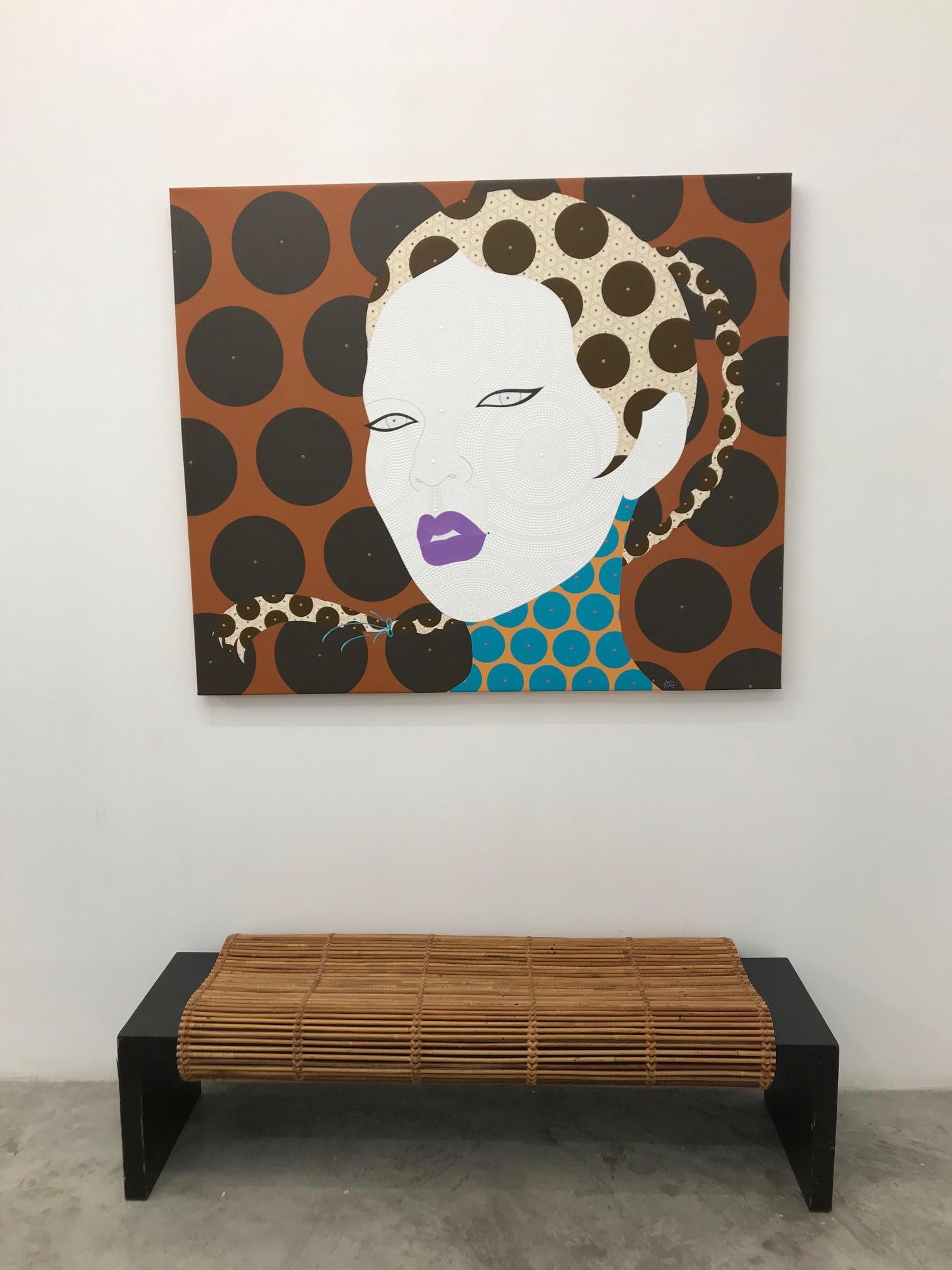 Zaida - Contemporary, woman portrait, acrylic, dot, pop art, brown, bold lips - Painting by Chamnan Chongpaiboon