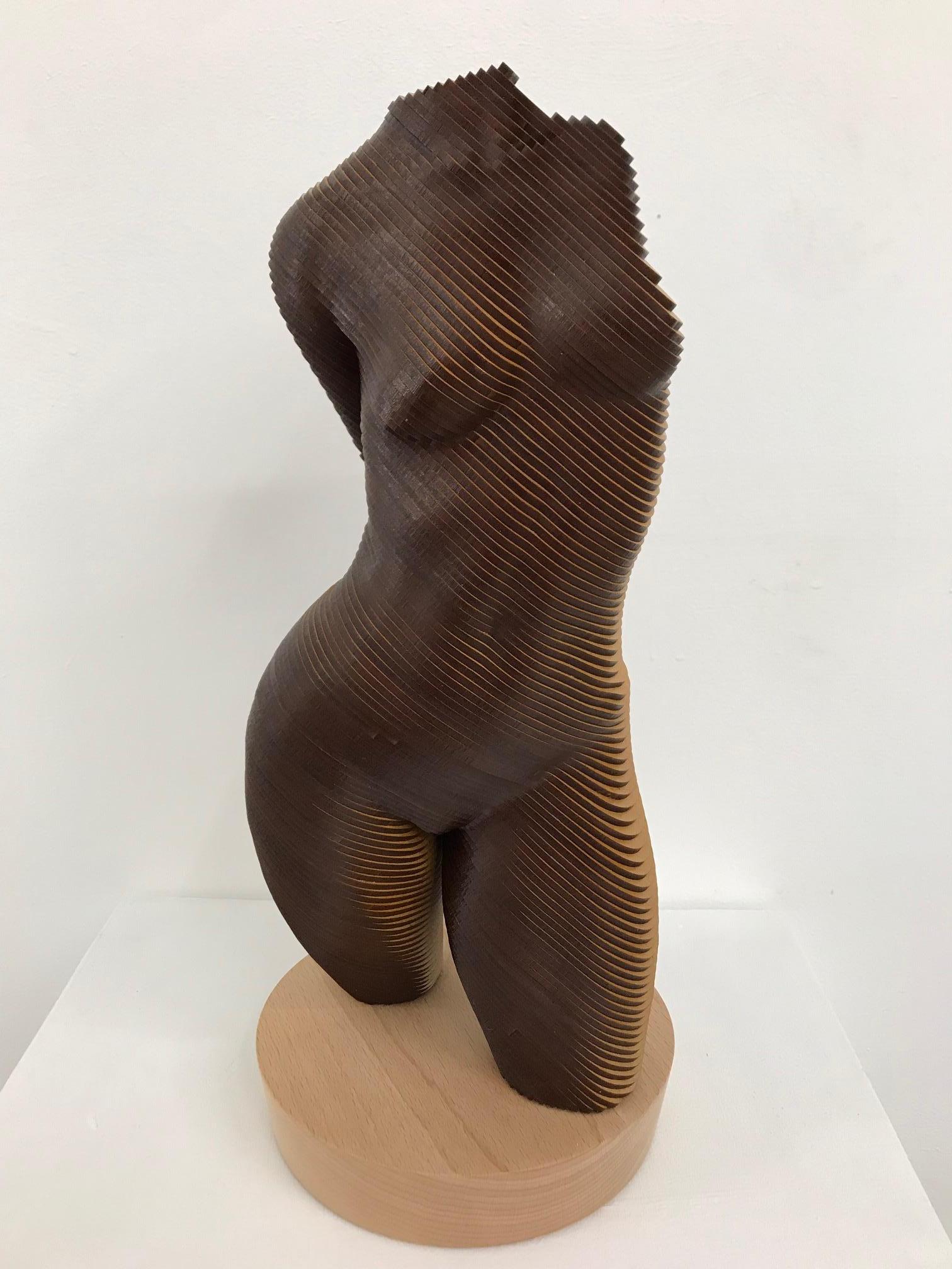 Rosie..Contemporary wood sculpture, classical nude female torso, Topology idea - Brown Nude Sculpture by Olivier Duhamel