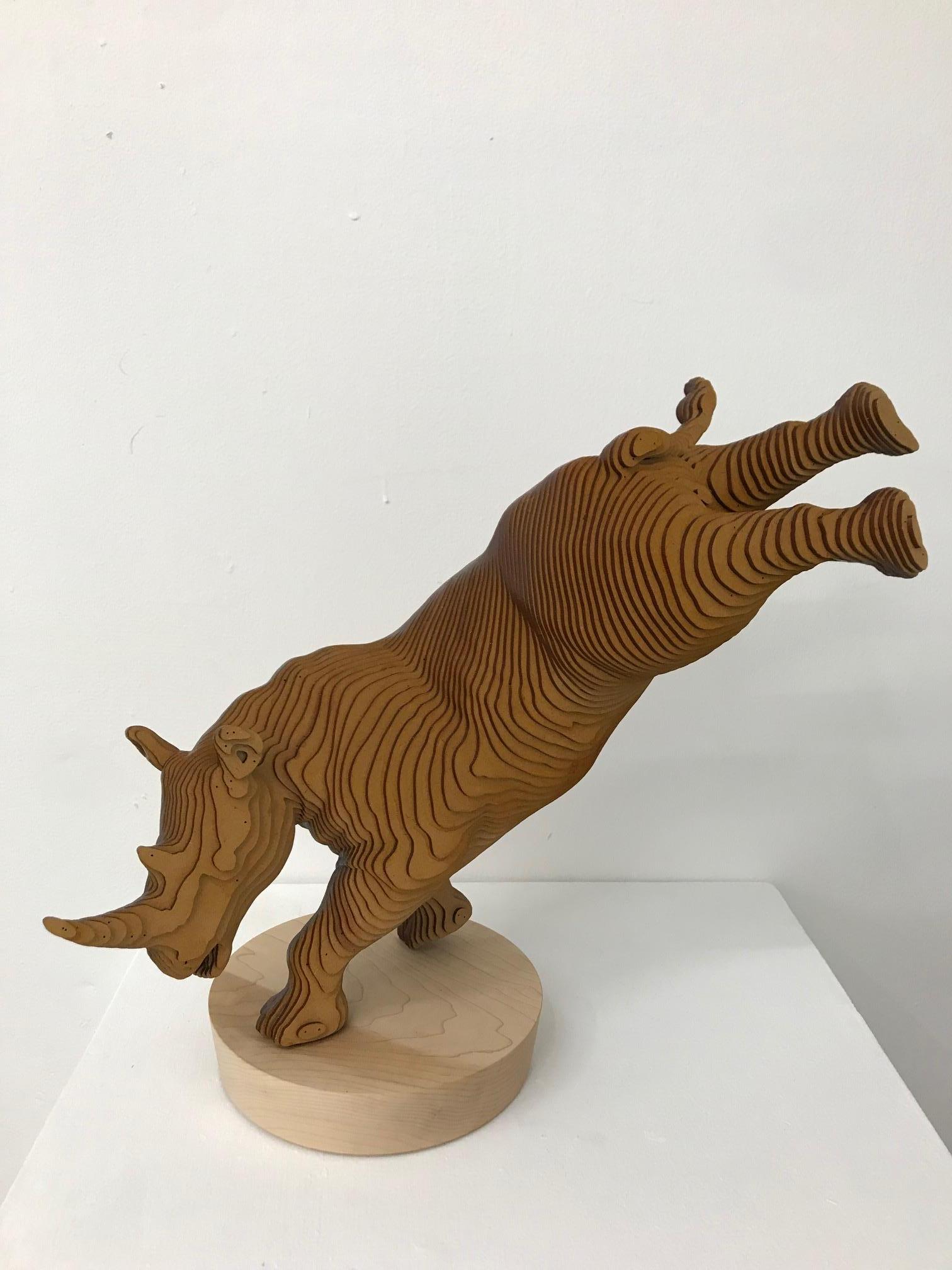 Ballerhino..Contemporary whimsical animal sculpture, wood slices, dancing rhino - Sculpture by Olivier Duhamel