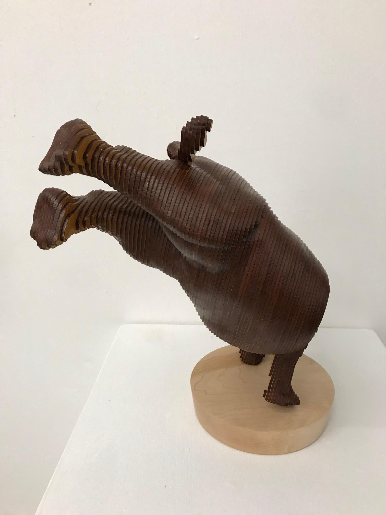 Ballerhino..Contemporary whimsical animal sculpture, wood slices, dancing rhino For Sale 4