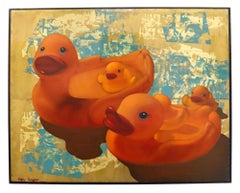 Duckies oil painting on brass plates with vintage toy images in golden and blue