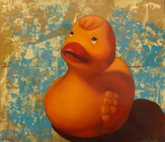 Quack Quack oil on brass plates with vintage toy images in golden and blue