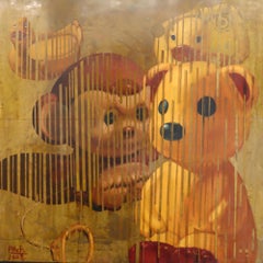 Fading Memory oil on brass plates with vintage toy images in golden and blue