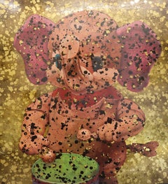 Purple Dumbo 1 oil on brass plates with vintage toy images in golden color