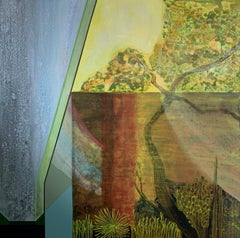 Yellow October..abstract painting with nature and architecture acrylic on linen