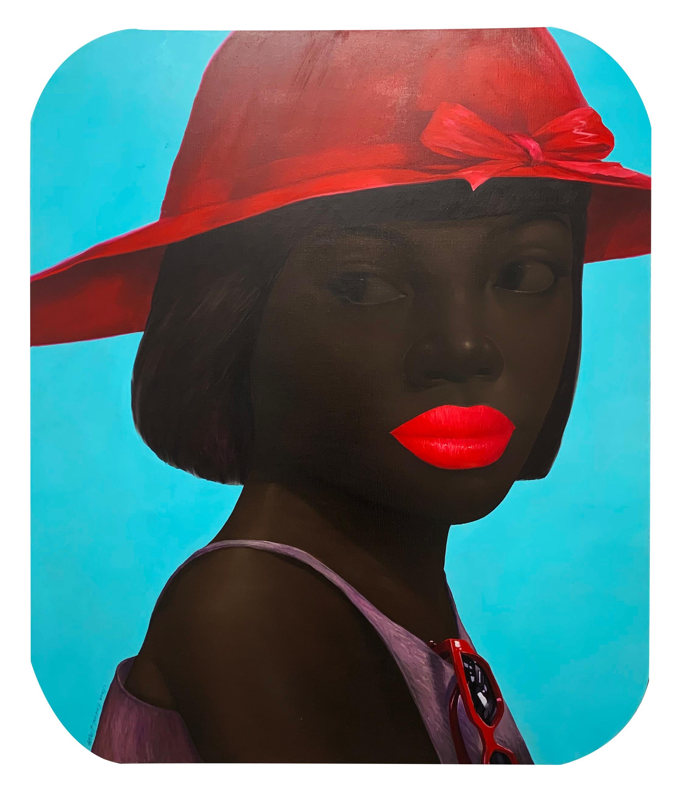 Attasit Pokpong Portrait Painting - Lady and a Red Brimmed Hat - woman portrait bold red lips oil painting on linen