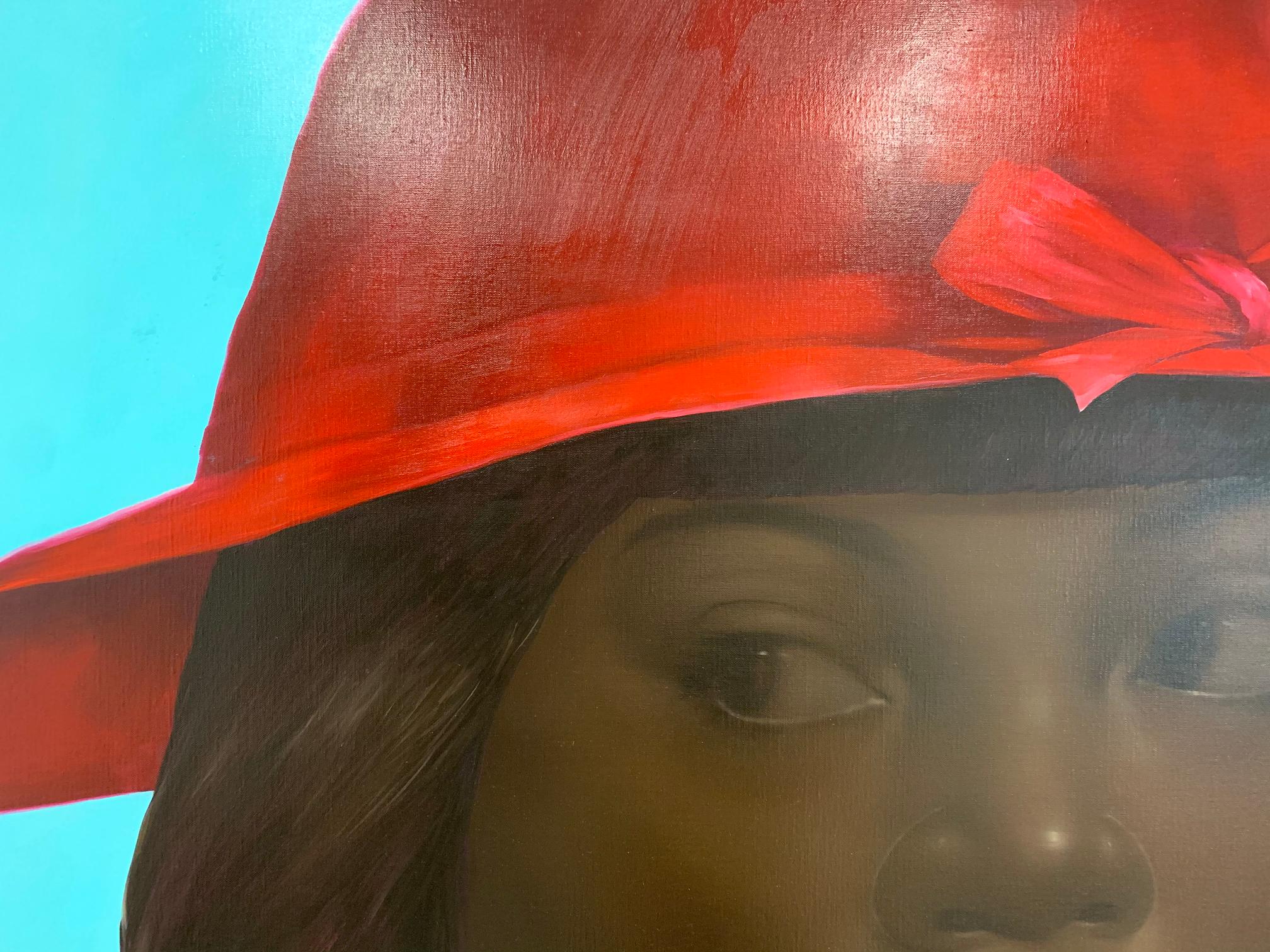Lady and a Red Brimmed Hat - woman portrait bold red lips oil painting on linen For Sale 1