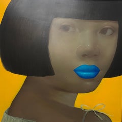 Blue Lipped Lady - woman portrait yellow and blue oil painting on linen