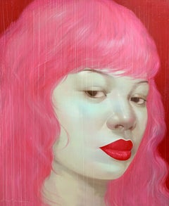 Lady with Pink Hair - Asian woman portrait red bold lips oil painting on canvas