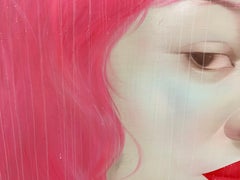 Lady with Pink Hair - Asian woman portrait red bold lips oil painting on canvas