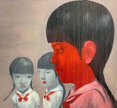 School Girls - Asian faces large scaled oil on canvas painting red and grey
