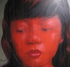 Lady with Black Hair - Asian face large scaled oil on canvas red painting 