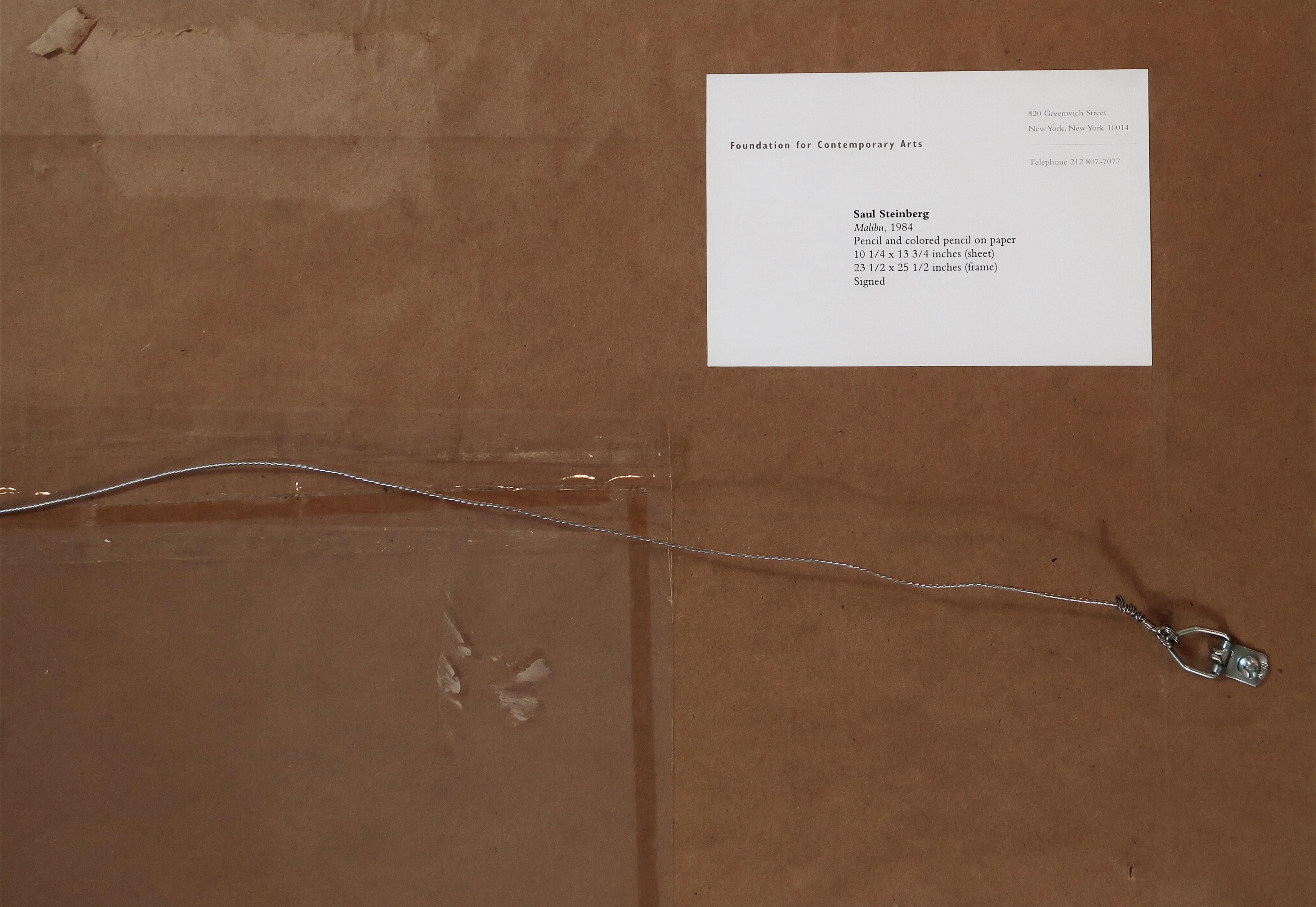 Saul Steinberg
Malibu, 1984
Matita e matita colorata su carta
10 1/4 x 13 3/4 pollici (foglio)
23 1/2 x 25 1/2 pollici (cornice)
Firmato recto

Cornice in metallo argentato, supporto galleggiante con apertura a finestra. Profondità 7/8'', faccia 2