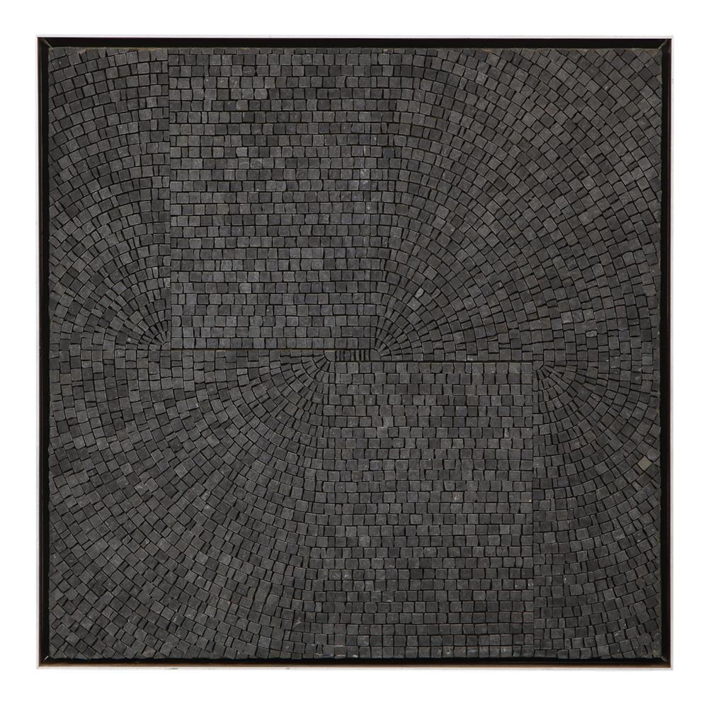 One Divided By One by Aleksandra Kasuba Black Marble Mosaic Signed. A versatile environmental artist, Kasuba was born in Ginkunai, Lithuania, 1923 and died in New Mexico, March 5, 2019. She collaborated with furniture designer Vladimir Kagan in the