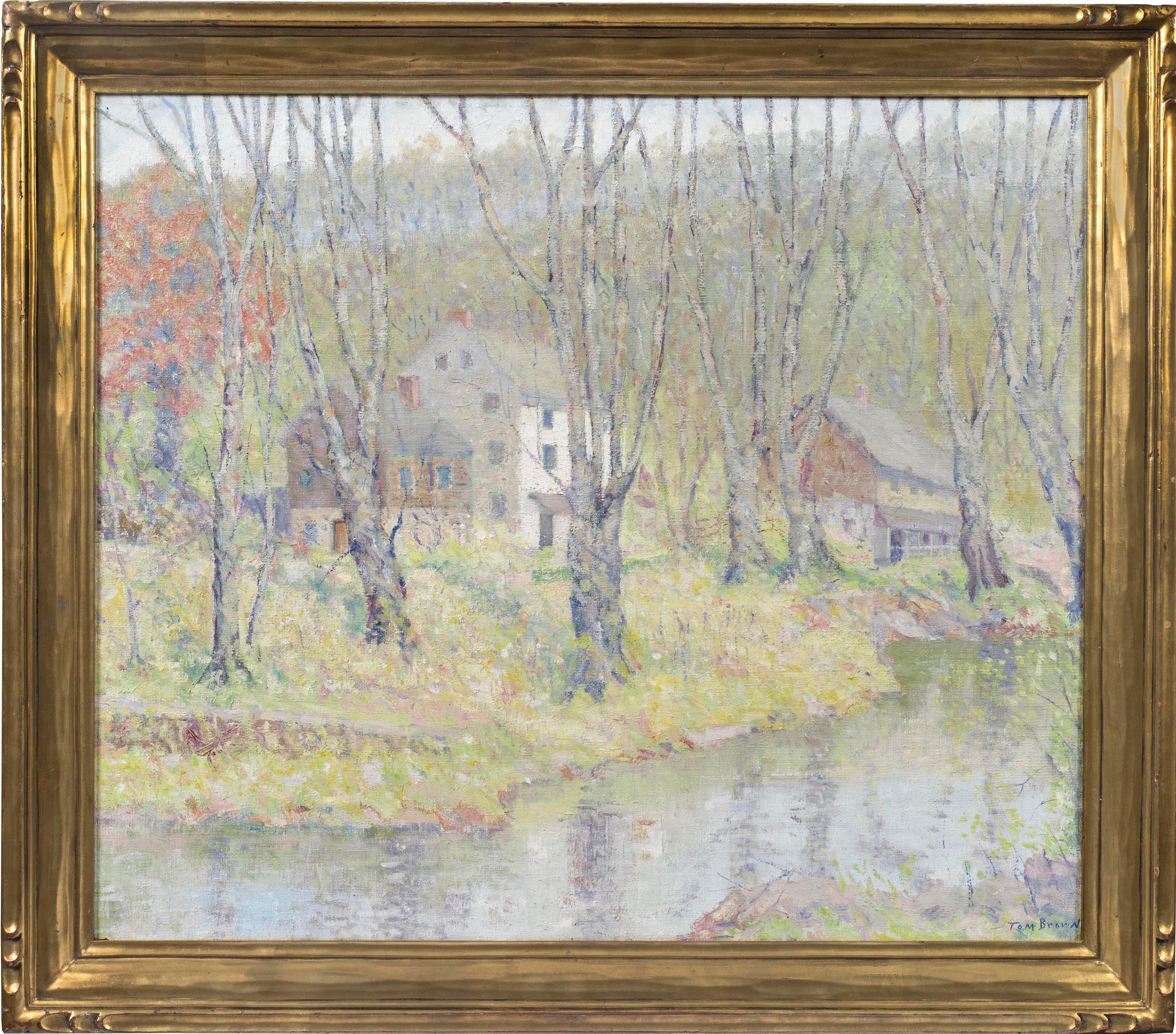 Houses by the River, Landscape by Thomas Linn Brown (1859-1916, American) For Sale 1