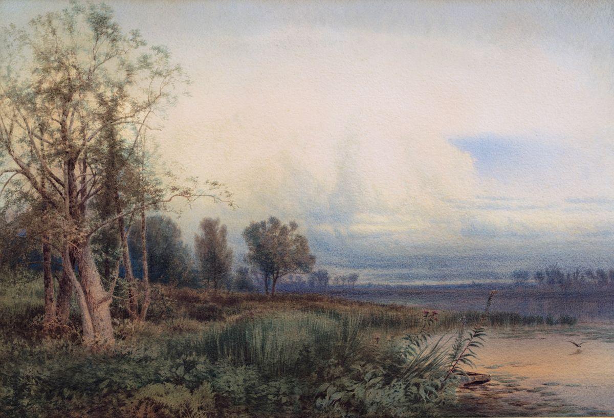 WILLIAM HART (1823–1894)
Montezuma Marsh, 1872
Watercolor on paper
20 ¼ x 30 inches
Signed and dated 1872

An esteemed and significant second-generation Hudson River School painter, William Hart is
primarily known for his finely detailed, bucolic