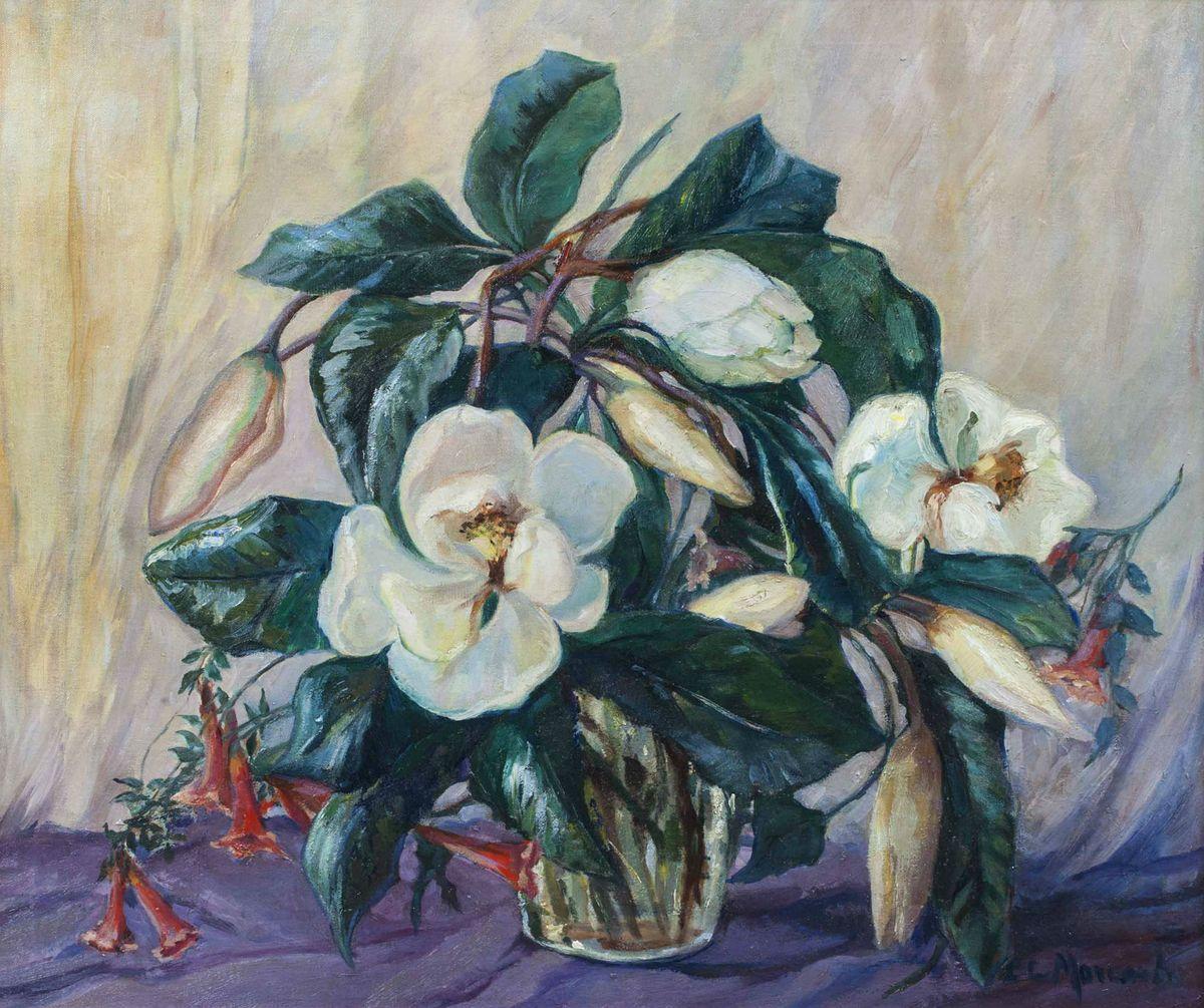 CLARA LOTTE VON MARCARD-CUCUEL (c. 1915-1955)
Magnolias
Oil on canvas
25 x 30 inches
Signed lower right

Clara Lotte von Marcard-Cucuel was a German flower and landscape painter who emigrated to the United States. She was an established member of