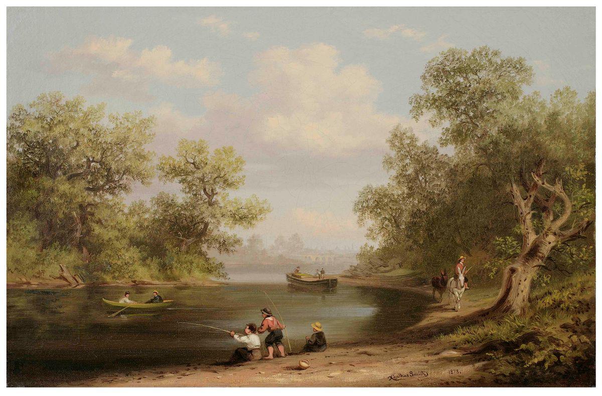 Xanthus Smith (1839-1929)
Fishing Scene in Pennsylvania, 1878
Oil on paper mounted on canvas
10 x 15 inches
Signed and dated 1878, lower right

Although he began his artistic career painting landscapes, Xanthus Smith established himself as