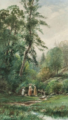 Junius Sloan - Afternoon Picnic, Watercolor by Junius Sloan (1827-1900, American) Antique Afternoon Picnic, Watercolor by Junius Sloan (1827-1900, American)