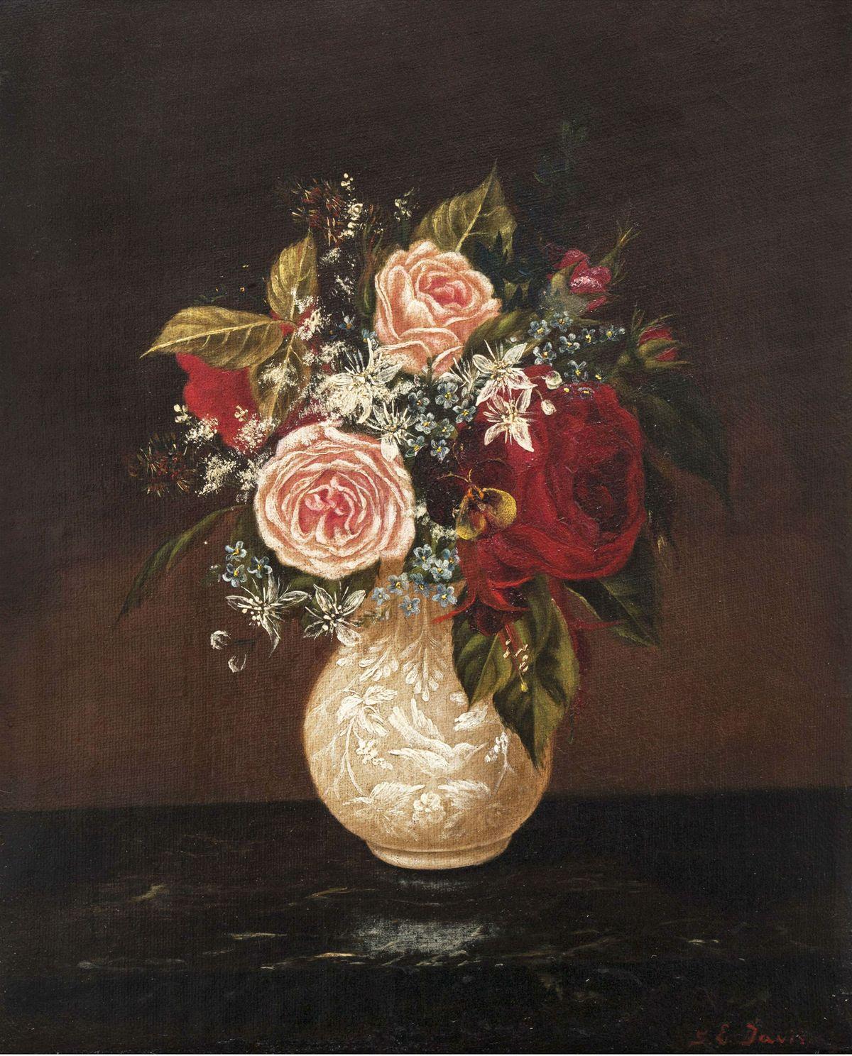 Sarah E. Davis (Fl. 1870’s)
Still Life of Roses in an Alabaster Vase &
Still Life of Roses in a Porcelain Vase
10 x 8 inches each
Each signed and dated 1865, lower right

Like many lady painters in the nineteenth century, Sarah E. Davis was very