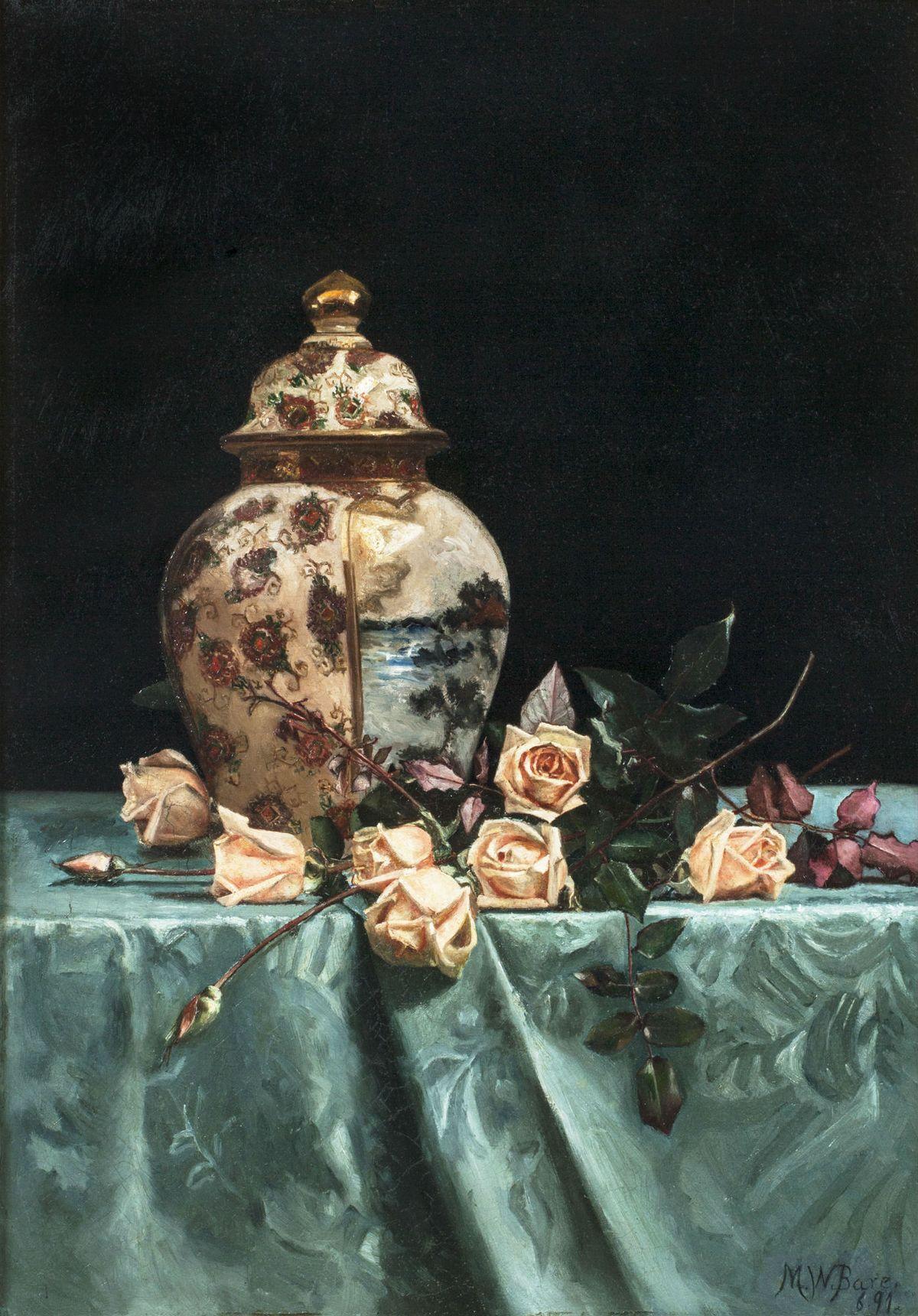 Still life with roses by historic woman artist Martha Bare

MARTHA BARE (1864-1940)
Still Life with Roses, 1891
Oil on canvas
29 x 20 ½ inches
Signed lower right