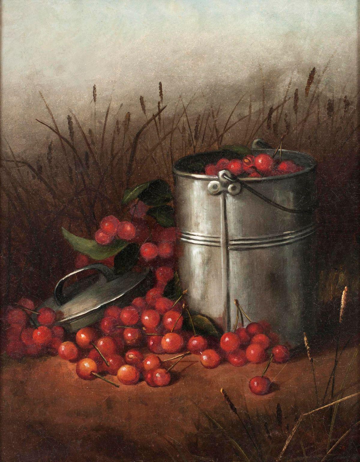still life painting of cherries by Irene E. Parmelle (Parmely)

IRENE E. PARMELLE (PARMELY) (d. 1939)
Still Life (The Cherry Pail)
Oil on canvas
18 x 14 inches