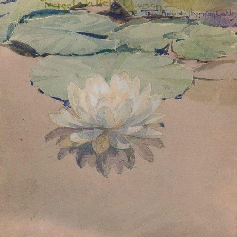 watercolor of white water lily by American Impressionist artist, George Walter Dawson

GEORGE WALTER DAWSON (1870-1938)
White Water Lily, 1912
Watercolor on paper
10 x 10 in
Signed and dedicated by the artist in pencil lower right: “George Walter