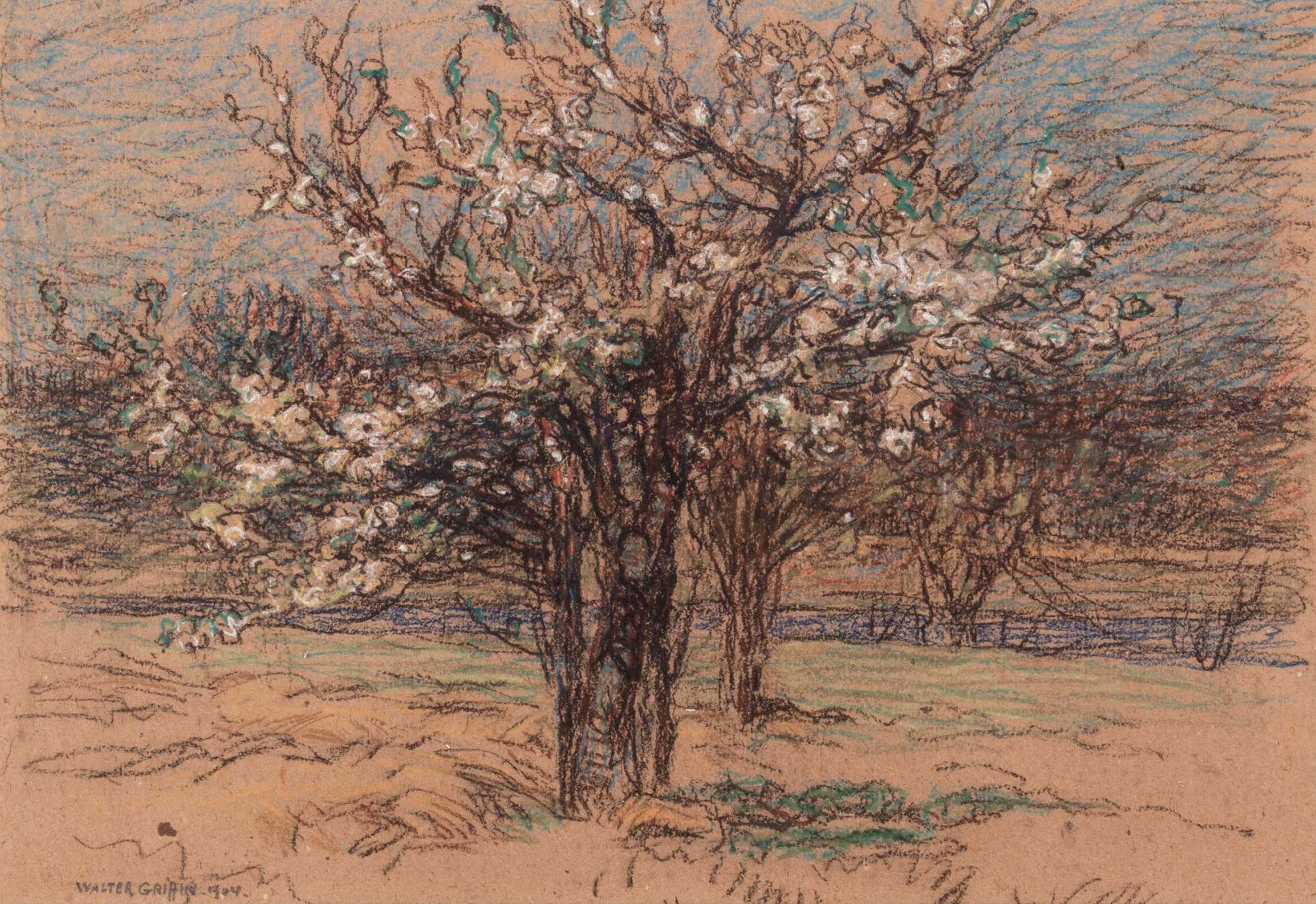 Orchard in Blossom, Spring landscape, by American artist Walter Griffin

Walter Griffin (1876-1937)
Orchard in Blossom, 1904
Pastel on paper
11 x 14 inches
Signed lower left