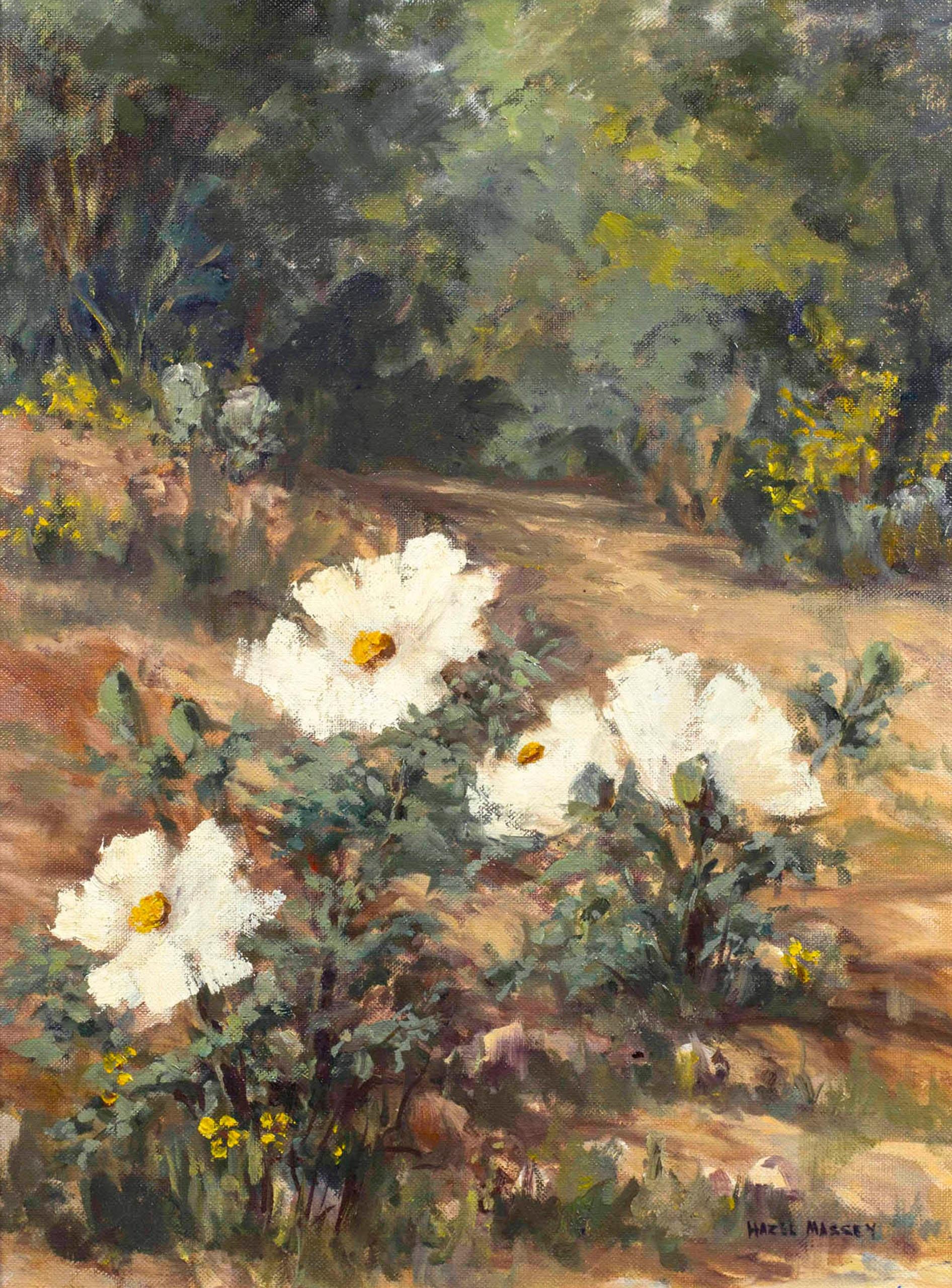 Cherokee Roses, landscape with roses, Texas landscape by American Impressionist historic woman artist, Hazel Massey

Hazel Massey (1907 - 1990)
Cherokee Roses
Oil on canvas board
16 x 12 inches
Signed lower right

Hazel Massey, was born in