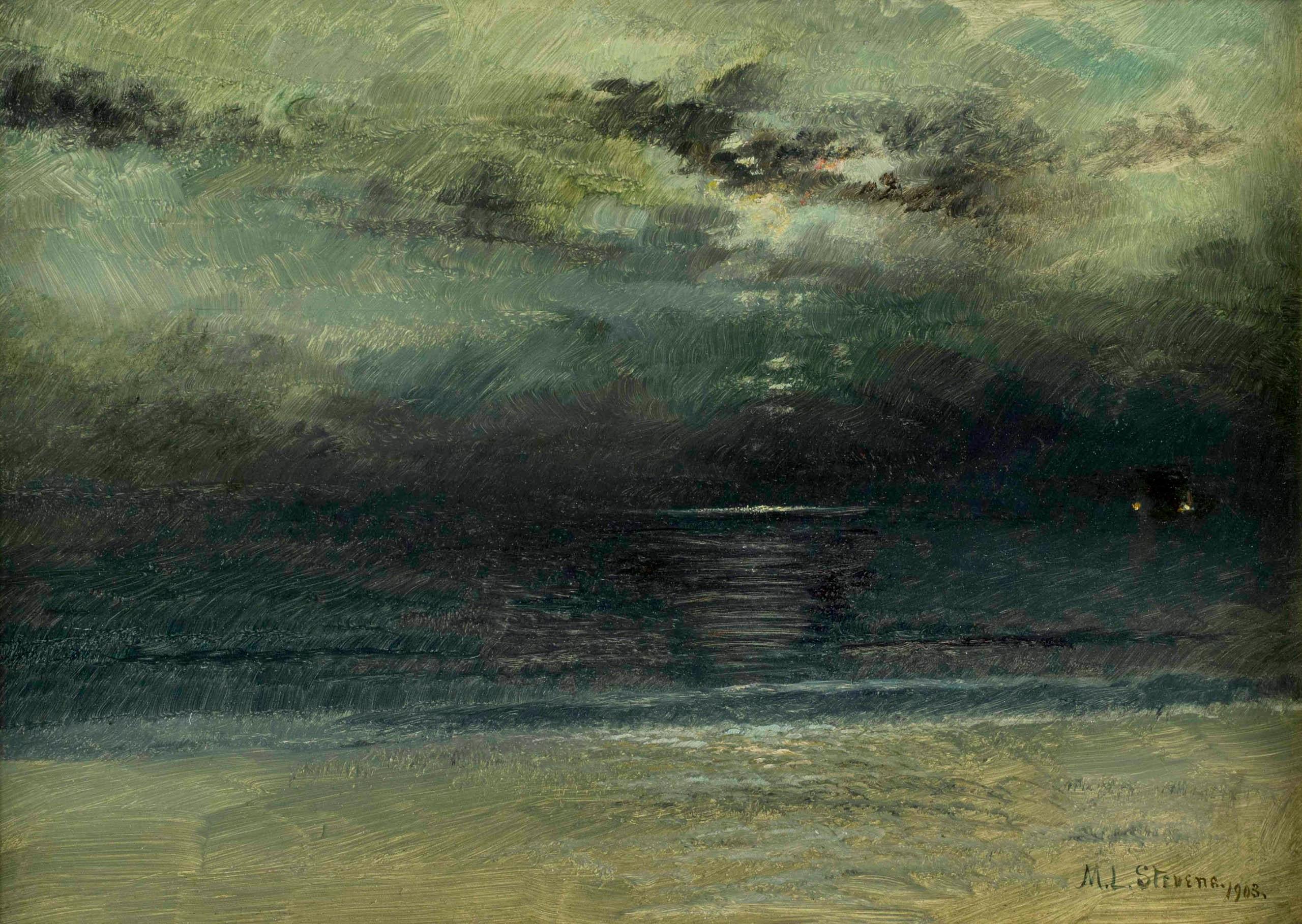 coastal scene at dusk, seascape painting by American artist Mary Lord Stevens

Mary Lord Stevens (1833-1920)
Dusk at Sea
Oil on paper mounted to board
10 x 14 inches
Signed and dated 1903, lower right

Mary Lord Stevens was born in Batavia, New York