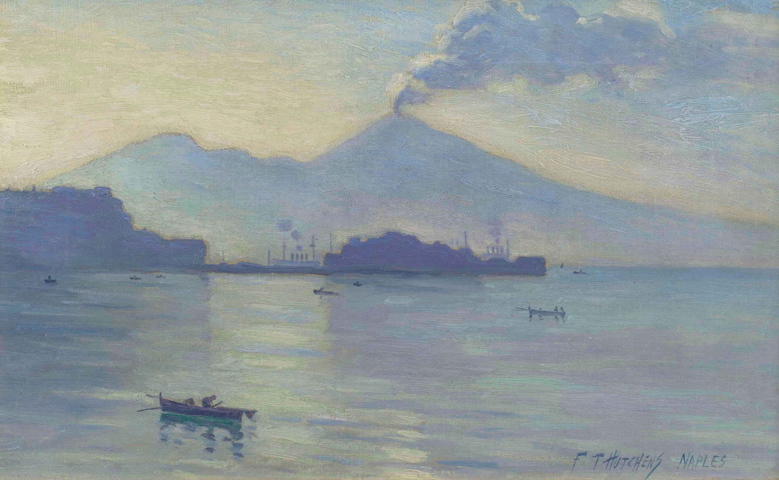 Naples, View of Mt. Vesuvius by Frank Townsend Hutchens (1869-1937, American)

Frank Townsend Hutchens (1869-1937)
Naples
Oil on canvas
10 x 16 inches
Signed lower right

