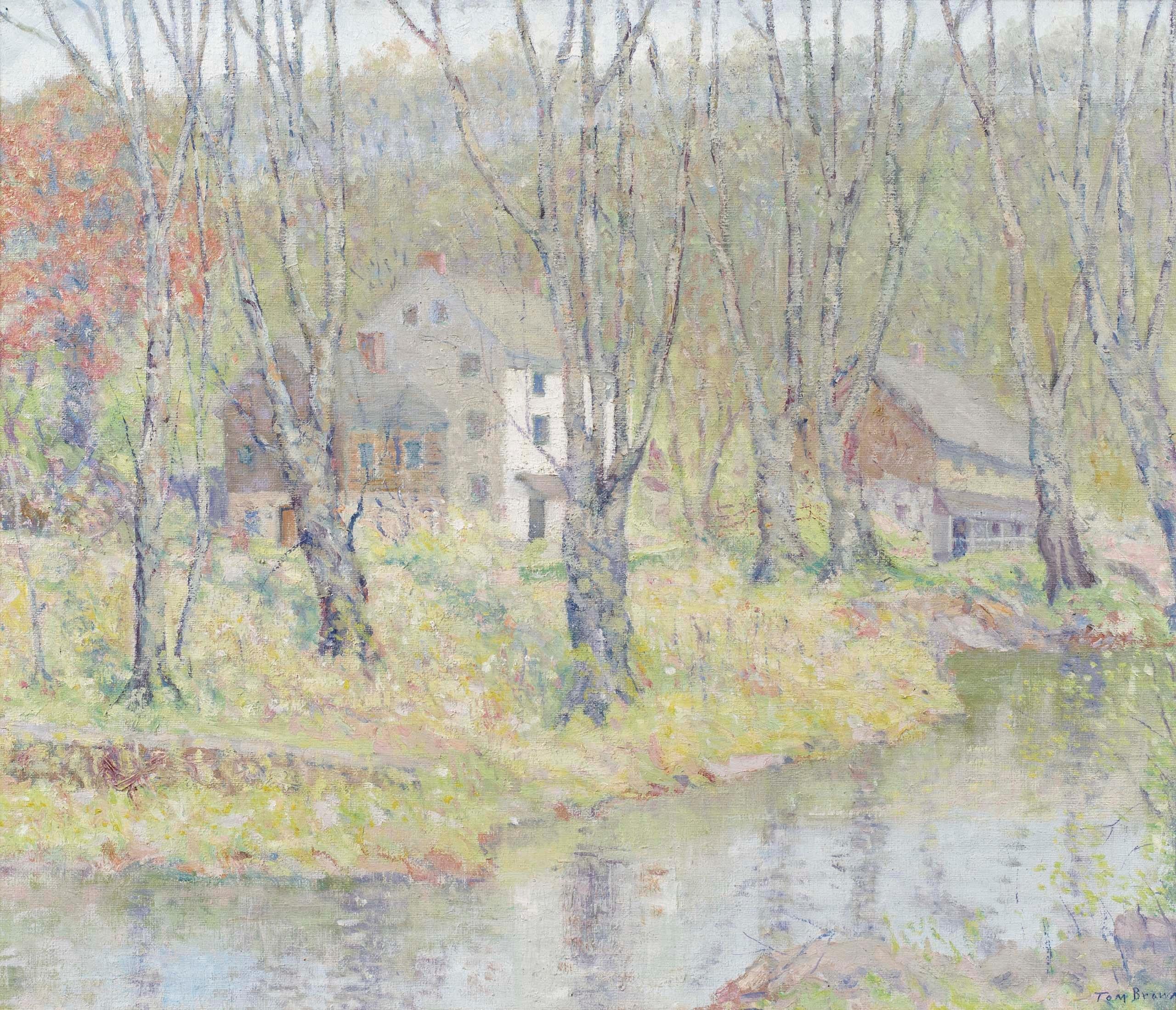 Thomas Linn Brown  (1859-1916)
Houses by the River
Oil on canvas
24 x 28 inches
Signed lower right
