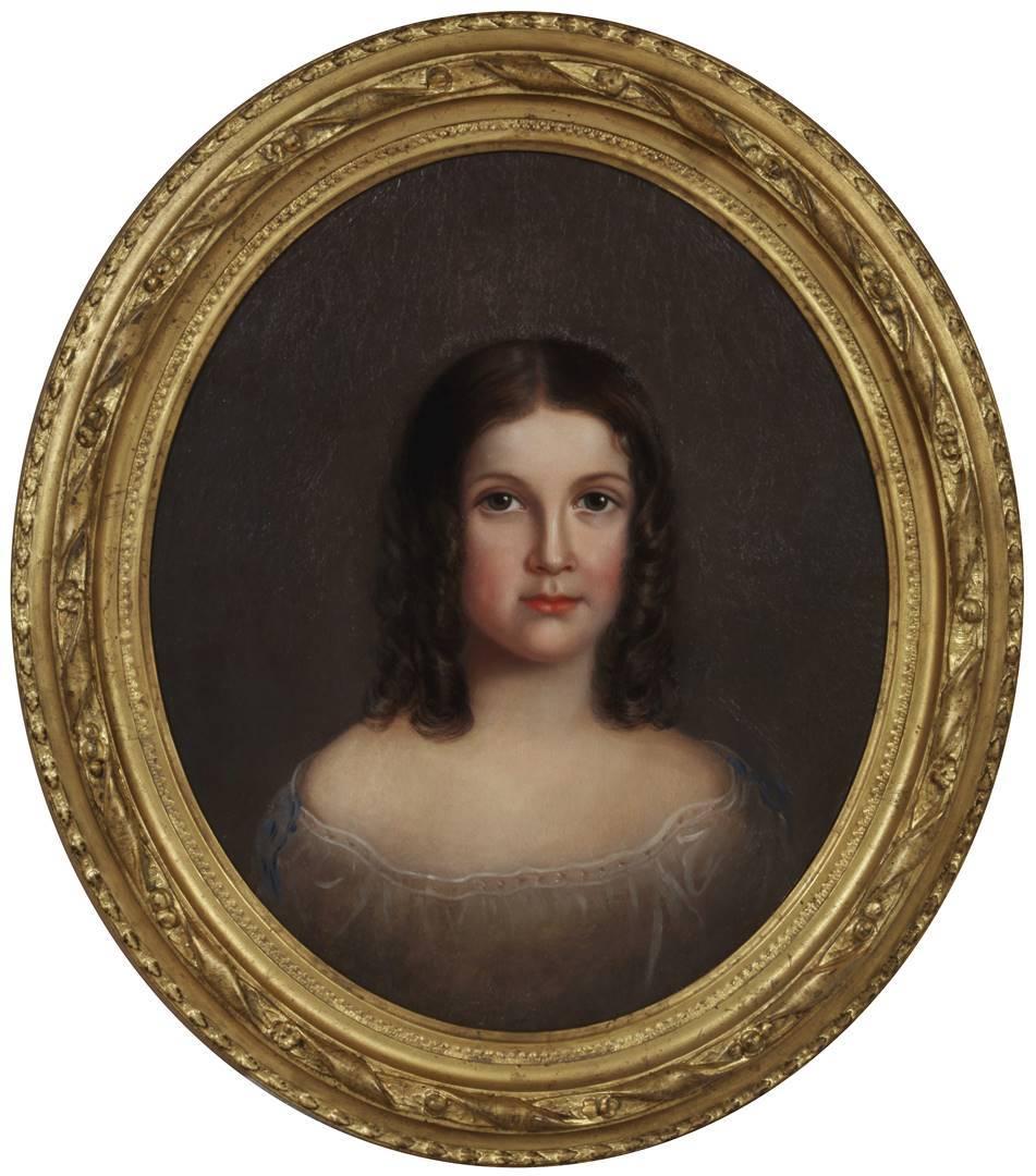 Mary Jane Peale (1827-1902)
Clara E. Peale, 1858 
Oil on canvas laid on panel 
20 1/8 x 17 ½ inches

Mary Jane Peale was the daughter of Rubens Peale and the niece of Sarah Miriam and Anna Claypoole Peale. She inherited the family talent and