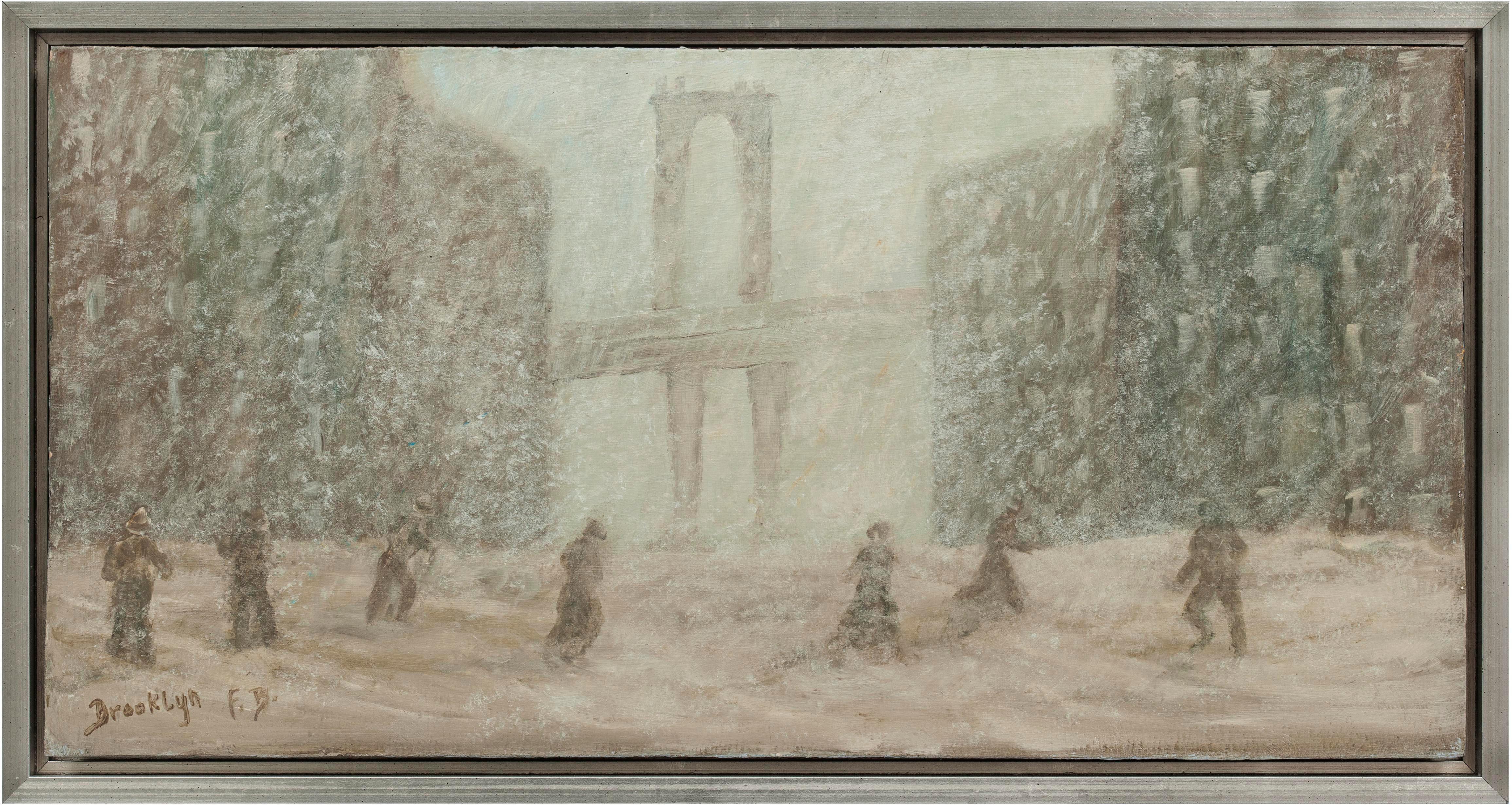 Snow Scene in Brooklyn by Fritz Bachmeyr (B. 1944) For Sale 1