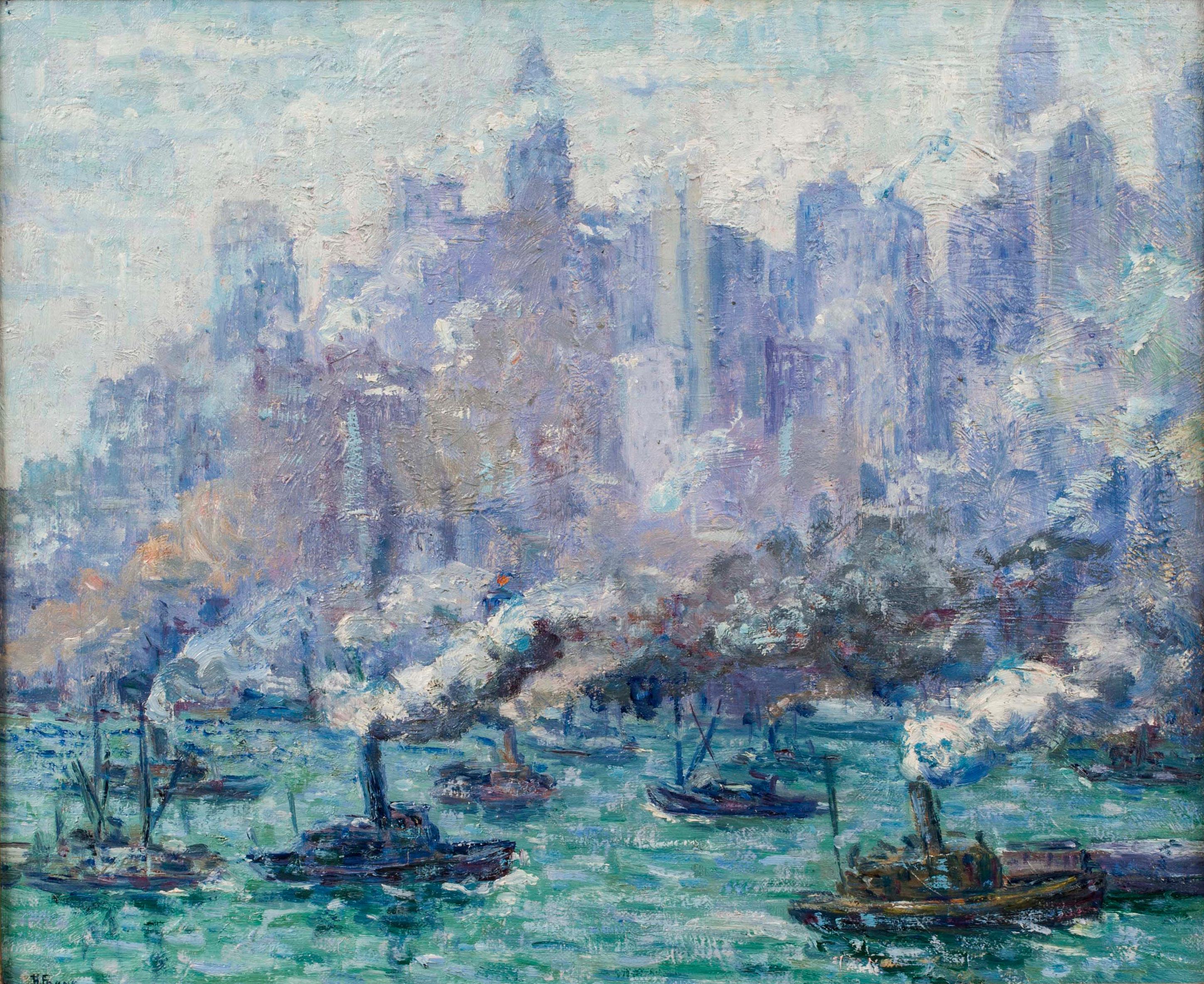 Activity: Lower Manhattan, New York City by Hortense Tanenbaum Ferne (1889-1976)

HORTENSE TANENBAUM FERNE (1889-1976)
Activity: Lower Manhattan, New York City, c. 1935 {from Brooklyn Bridge Park}
Oil on canvas
18 x 23 inches
Signed lower
